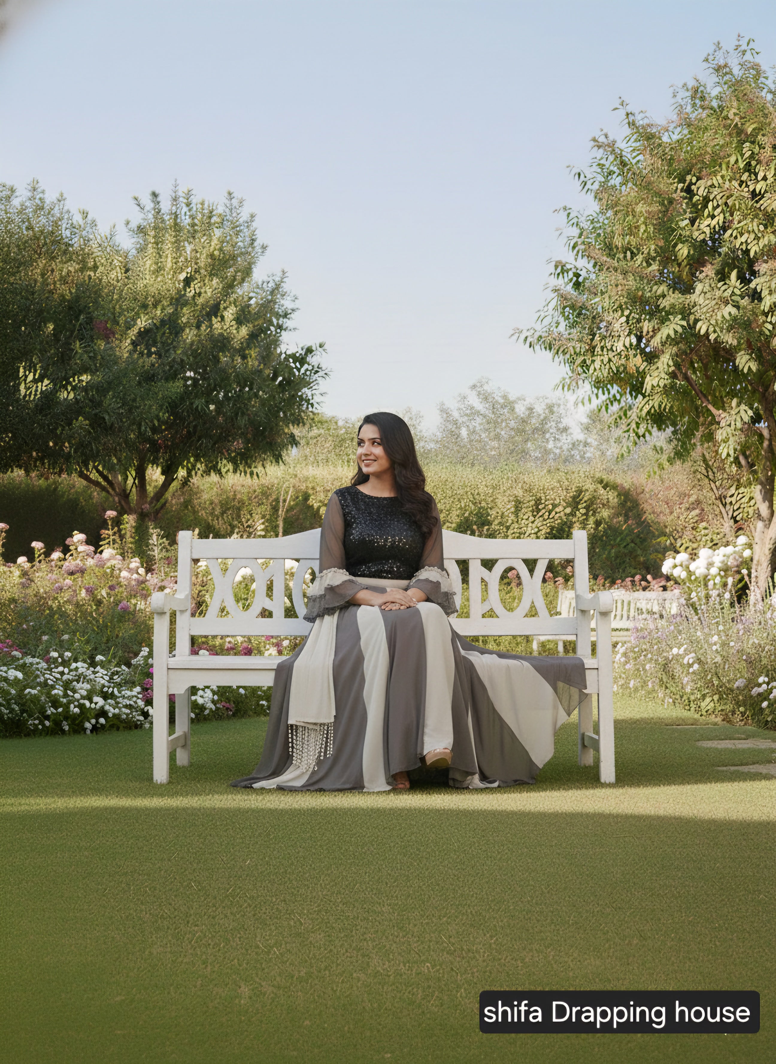 Shifa Draping House – Dual Tone Grey Georgette Gown with Sequin Bodice