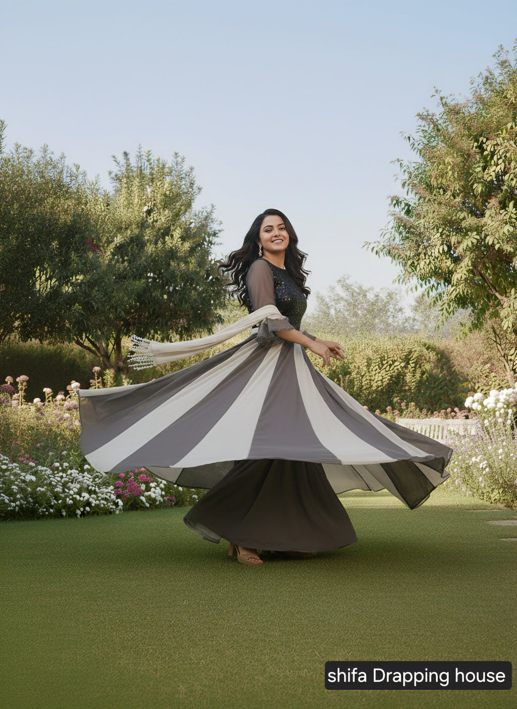 Shifa Draping House – Dual Tone Grey Georgette Gown with Sequin Bodice