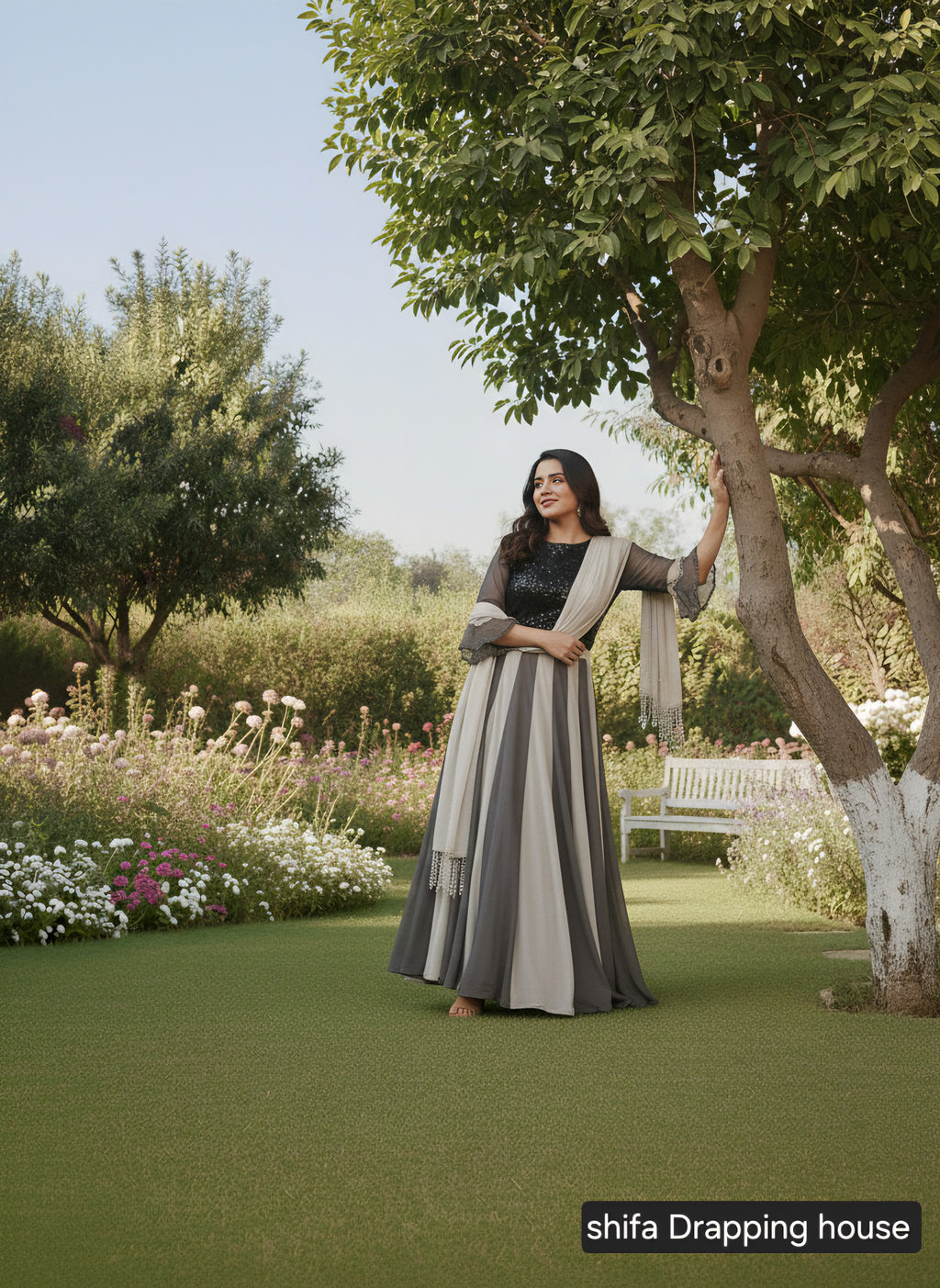 Shifa Draping House – Dual Tone Grey Georgette Gown with Sequin Bodice