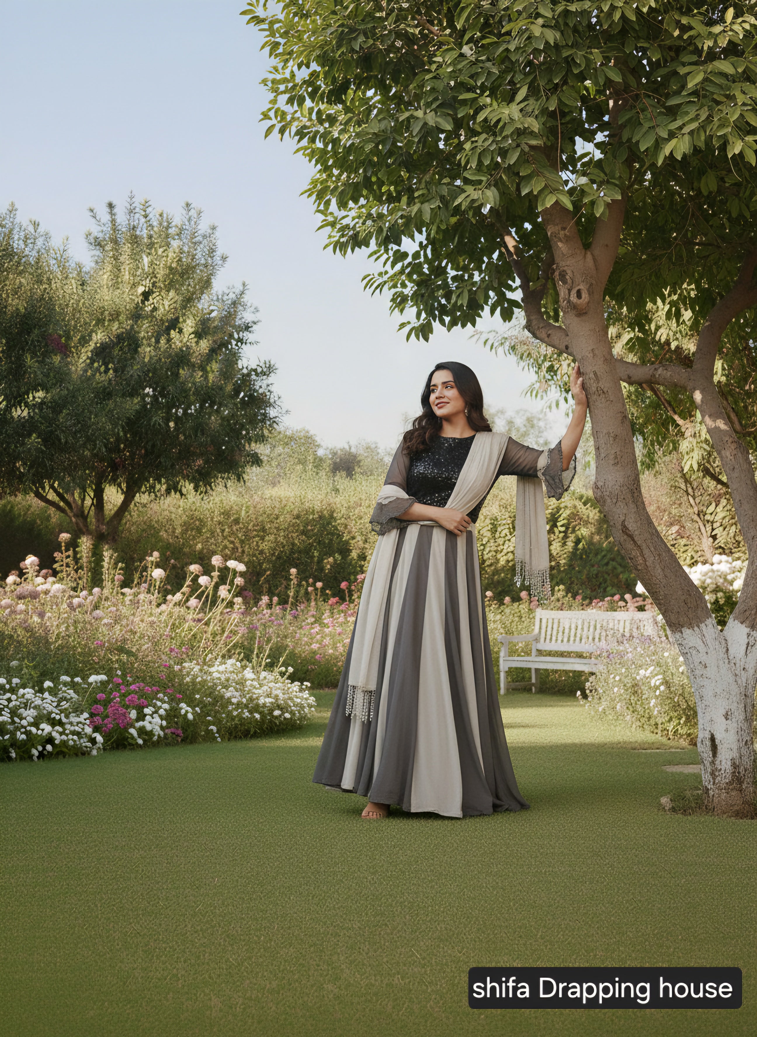 Shifa Draping House – Dual Tone Grey Georgette Gown with Sequin Bodice