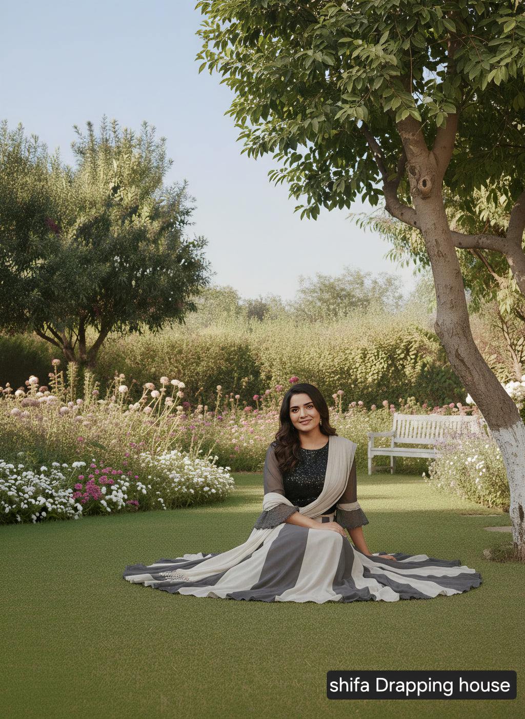 Shifa Draping House – Dual Tone Grey Georgette Gown with Sequin Bodice