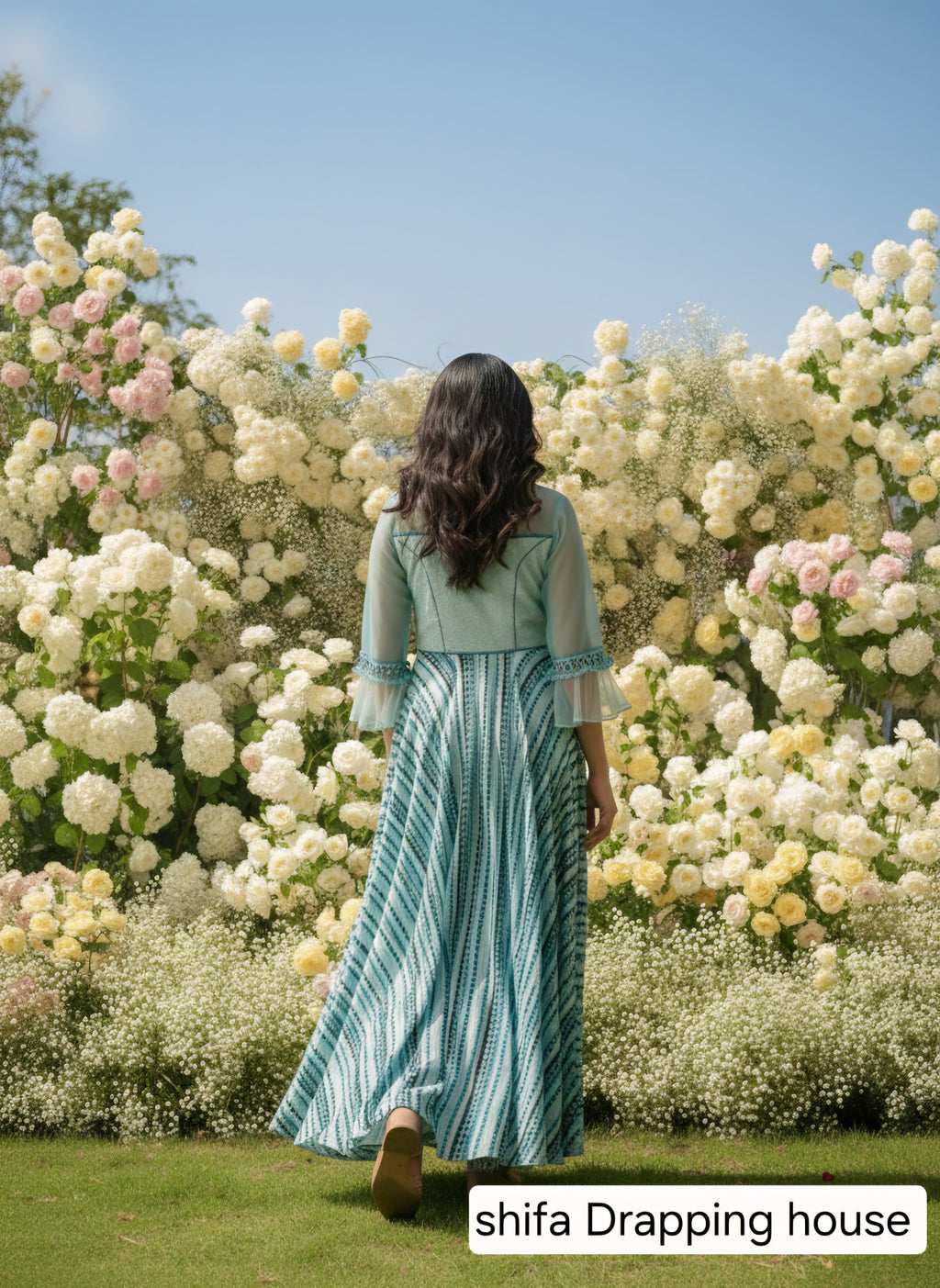 Shifa Drapping House - Designer Hosiery Net Indo-Western Maxi Gown with Striped Print