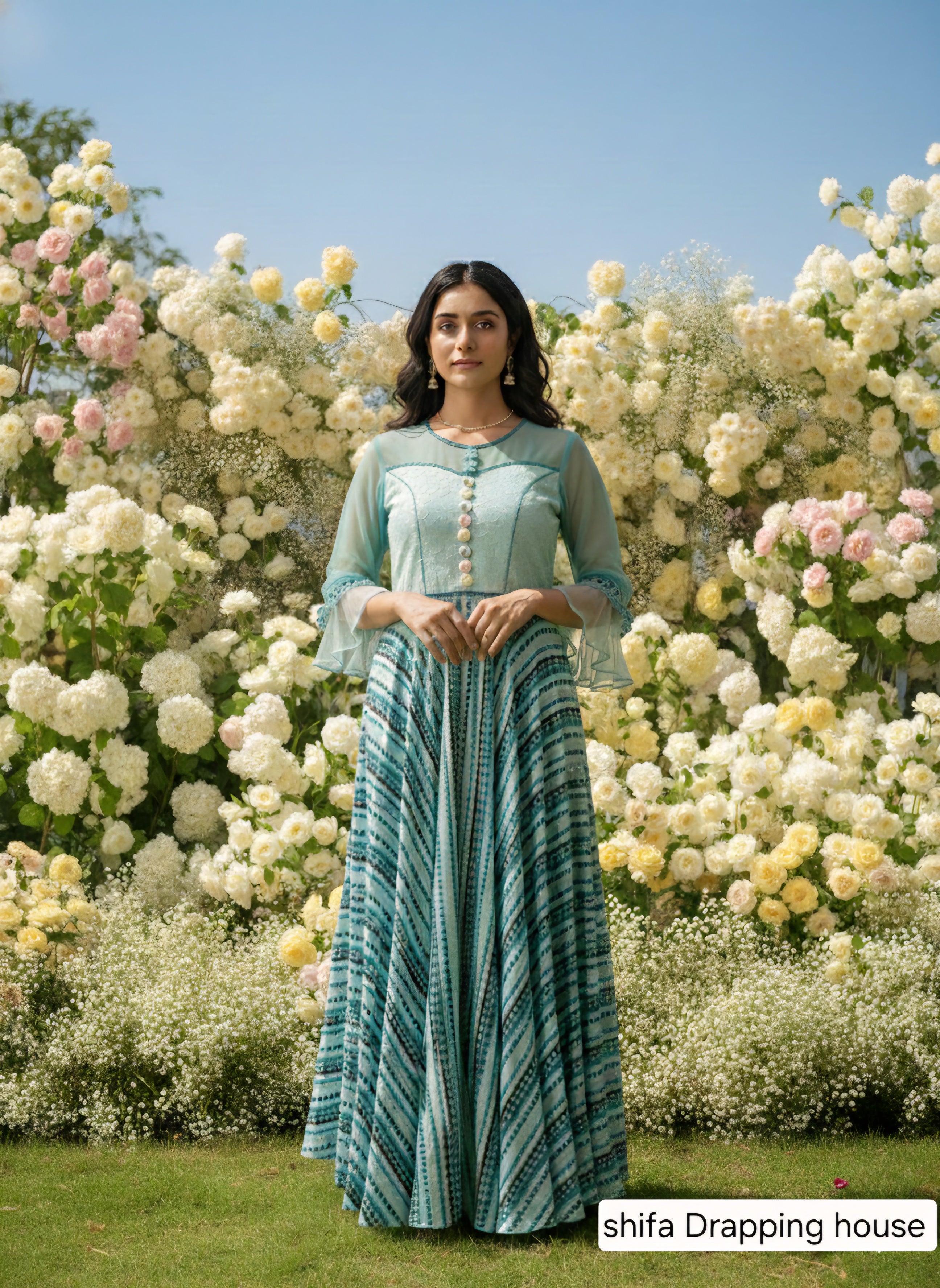 Shifa Drapping House - Designer Hosiery Net Indo-Western Maxi Gown with Striped Print