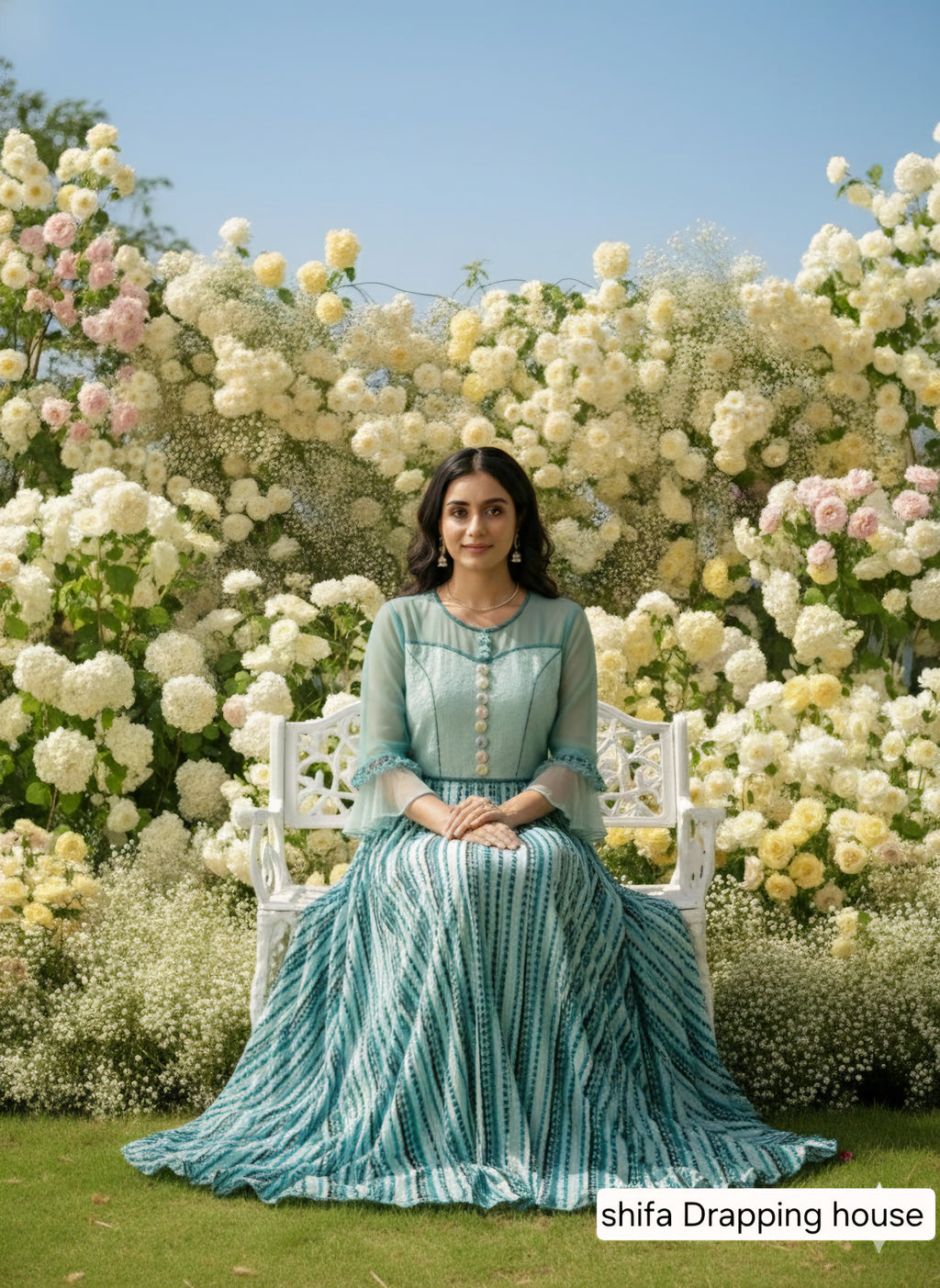 Shifa Drapping House - Designer Hosiery Net Indo-Western Maxi Gown with Striped Print