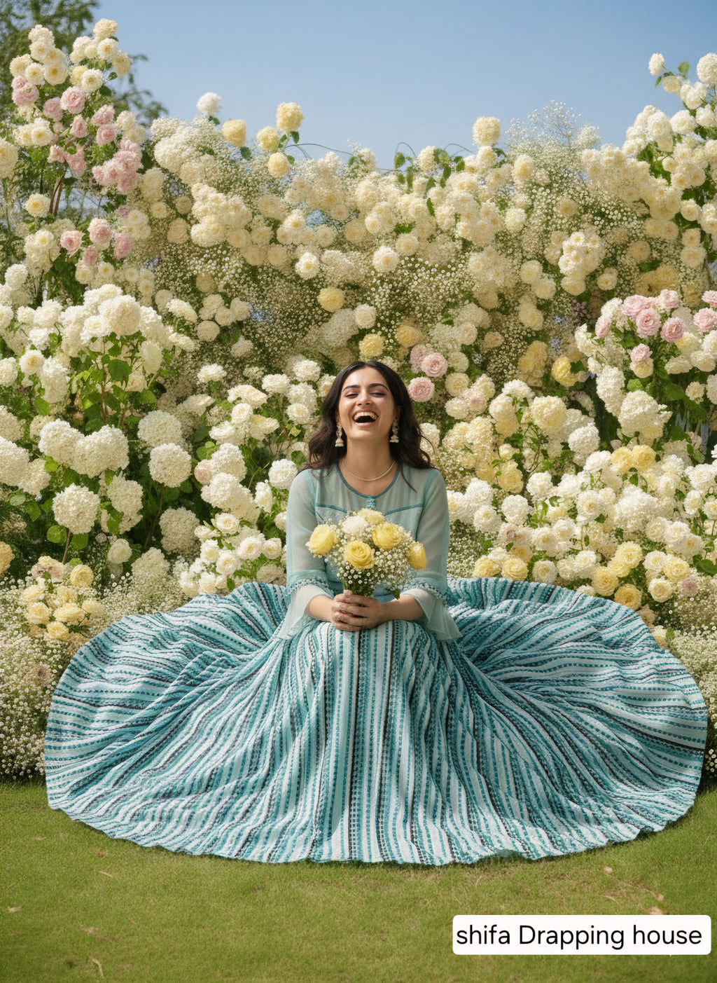 Shifa Drapping House - Designer Hosiery Net Indo-Western Maxi Gown with Striped Print