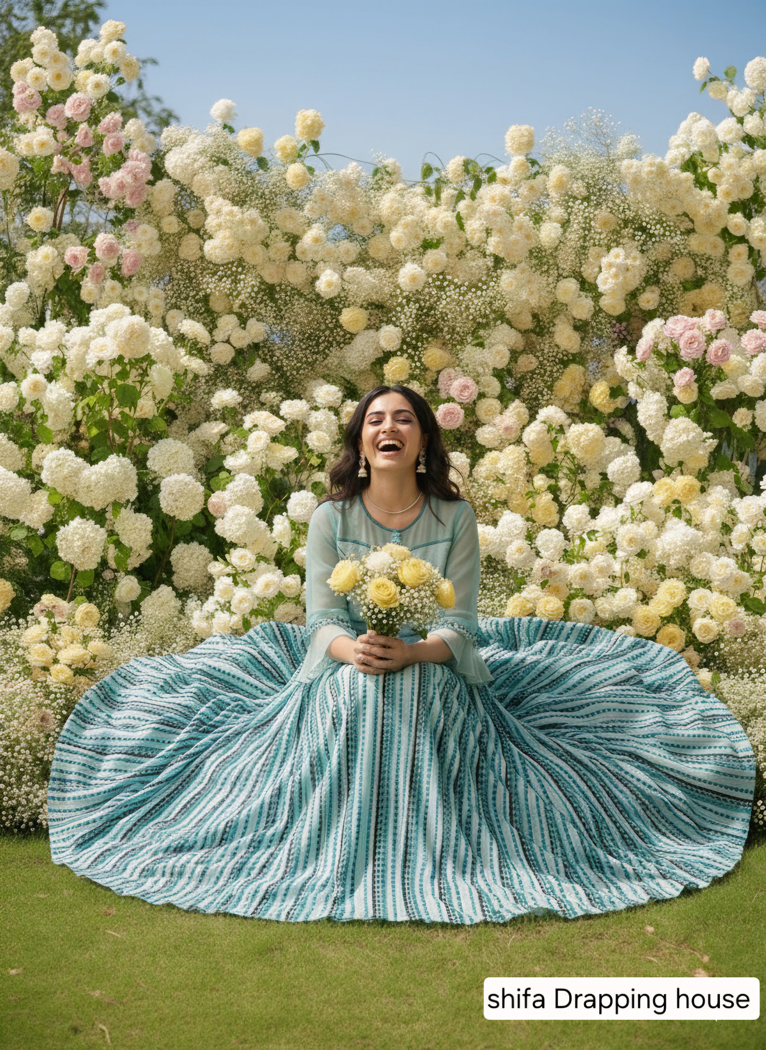 Shifa Drapping House - Designer Hosiery Net Indo-Western Maxi Gown with Striped Print