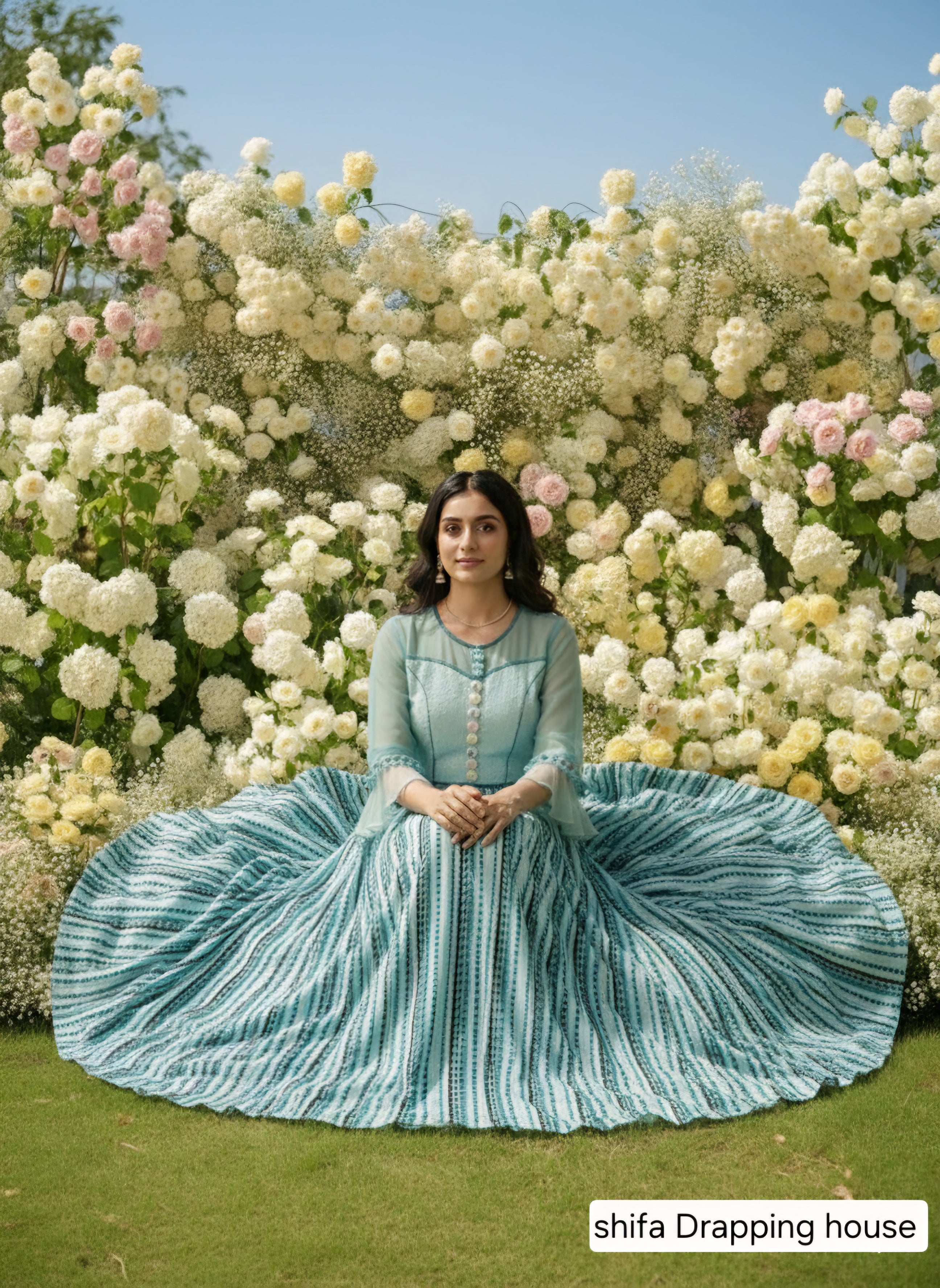 Shifa Drapping House - Designer Hosiery Net Indo-Western Maxi Gown with Striped Print