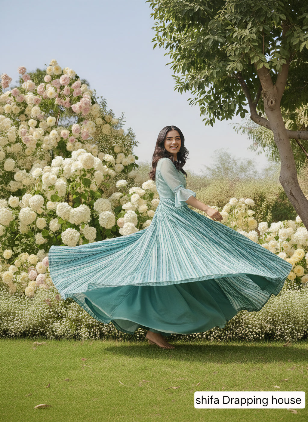 Shifa Drapping House - Designer Hosiery Net Indo-Western Maxi Gown with Striped Print