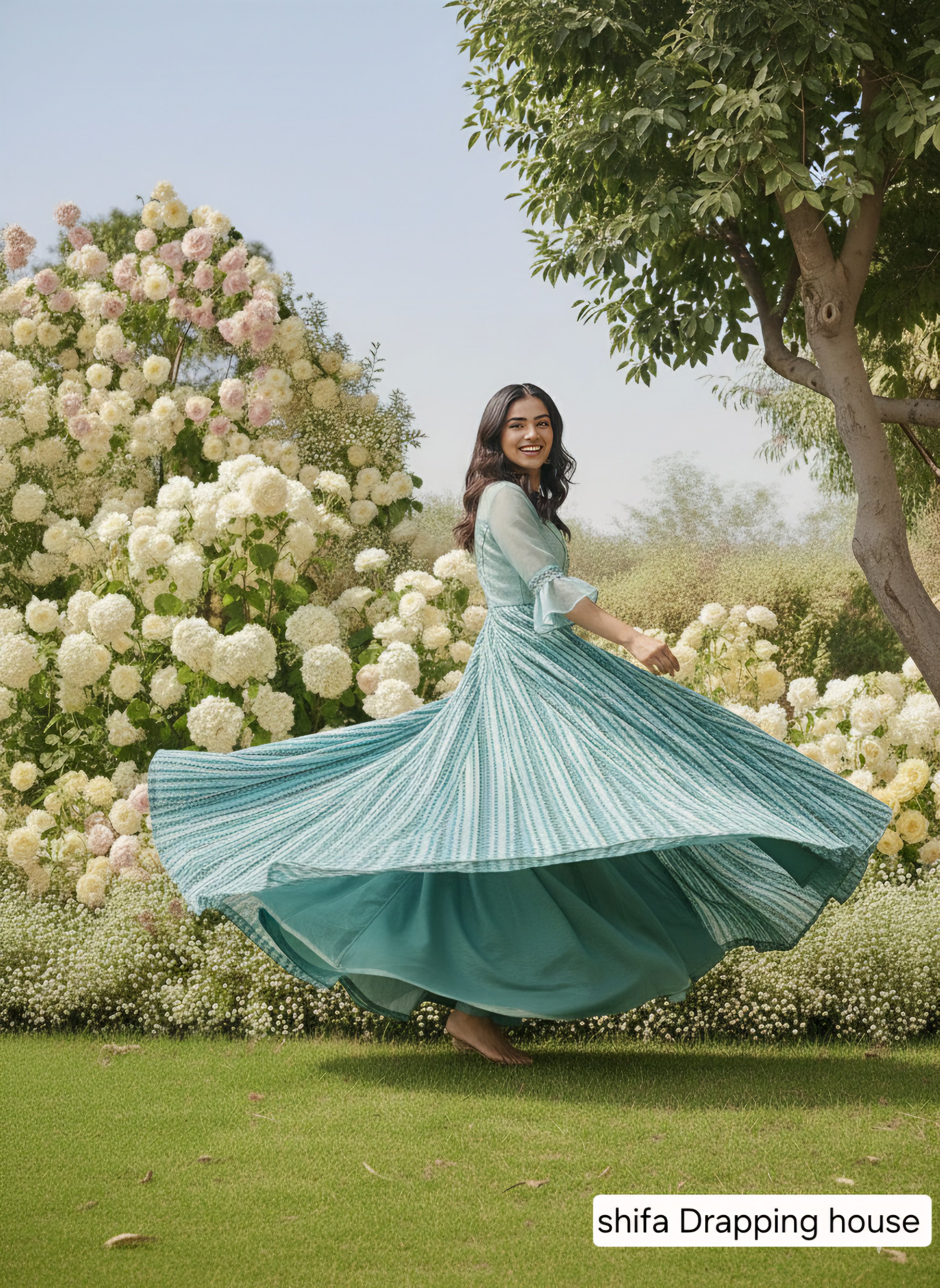 Shifa Drapping House - Designer Hosiery Net Indo-Western Maxi Gown with Striped Print