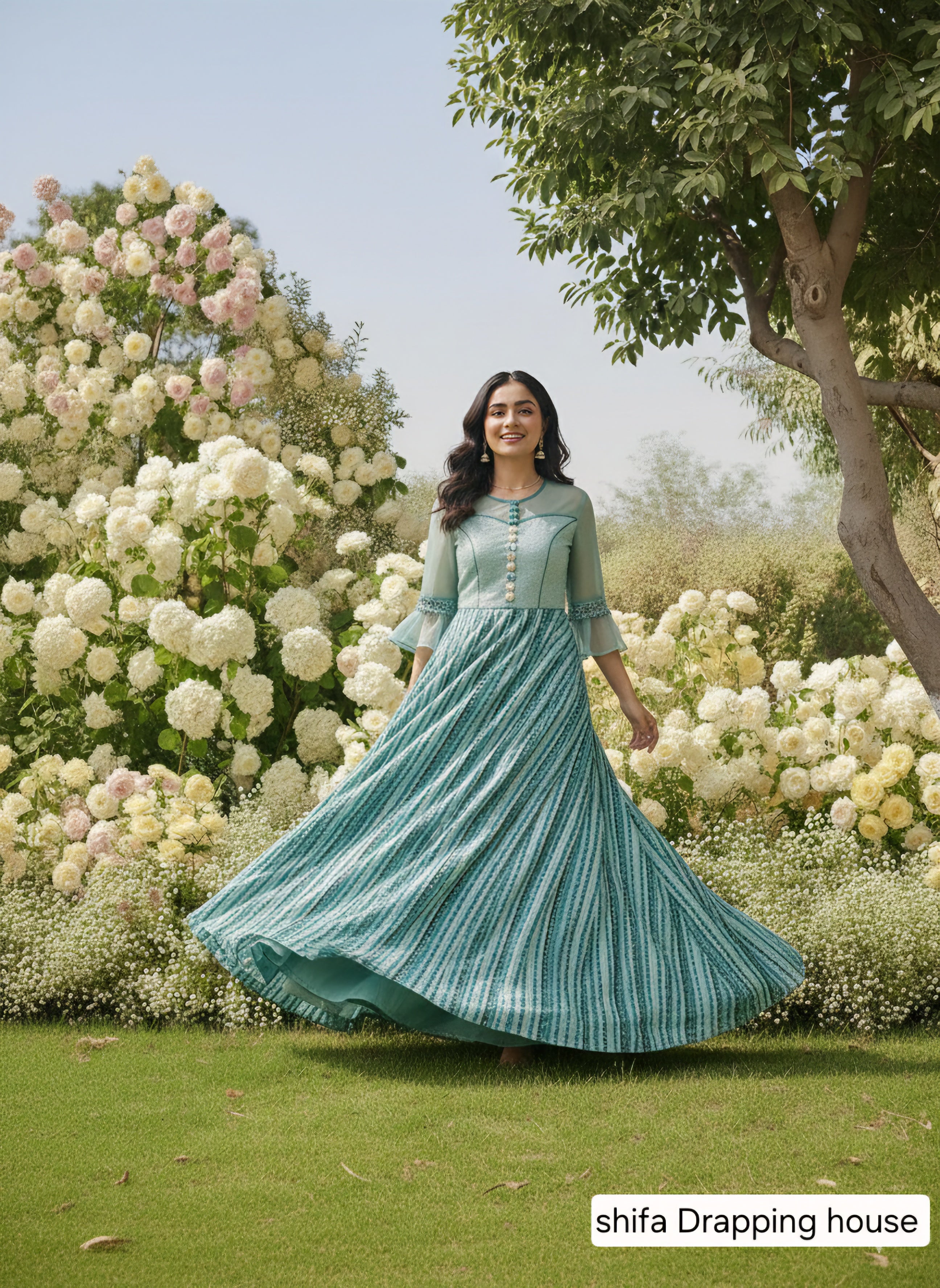 Shifa Drapping House - Designer Hosiery Net Indo-Western Maxi Gown with Striped Print