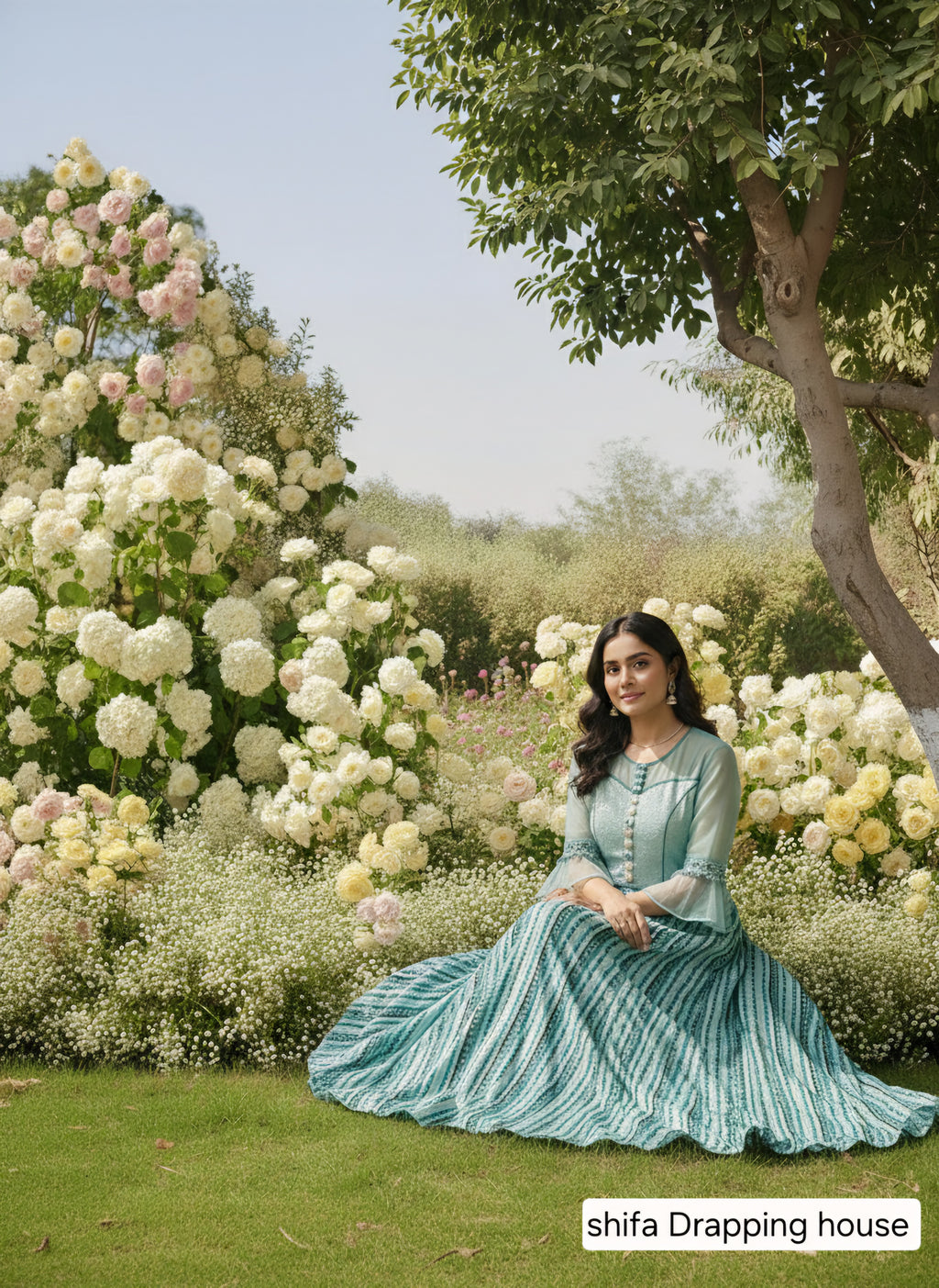 Shifa Drapping House - Designer Hosiery Net Indo-Western Maxi Gown with Striped Print