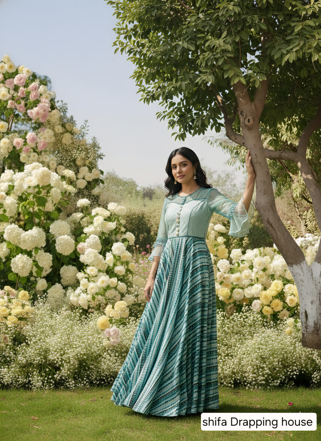 Shifa Drapping House - Designer Hosiery Net Indo-Western Maxi Gown with Striped Print