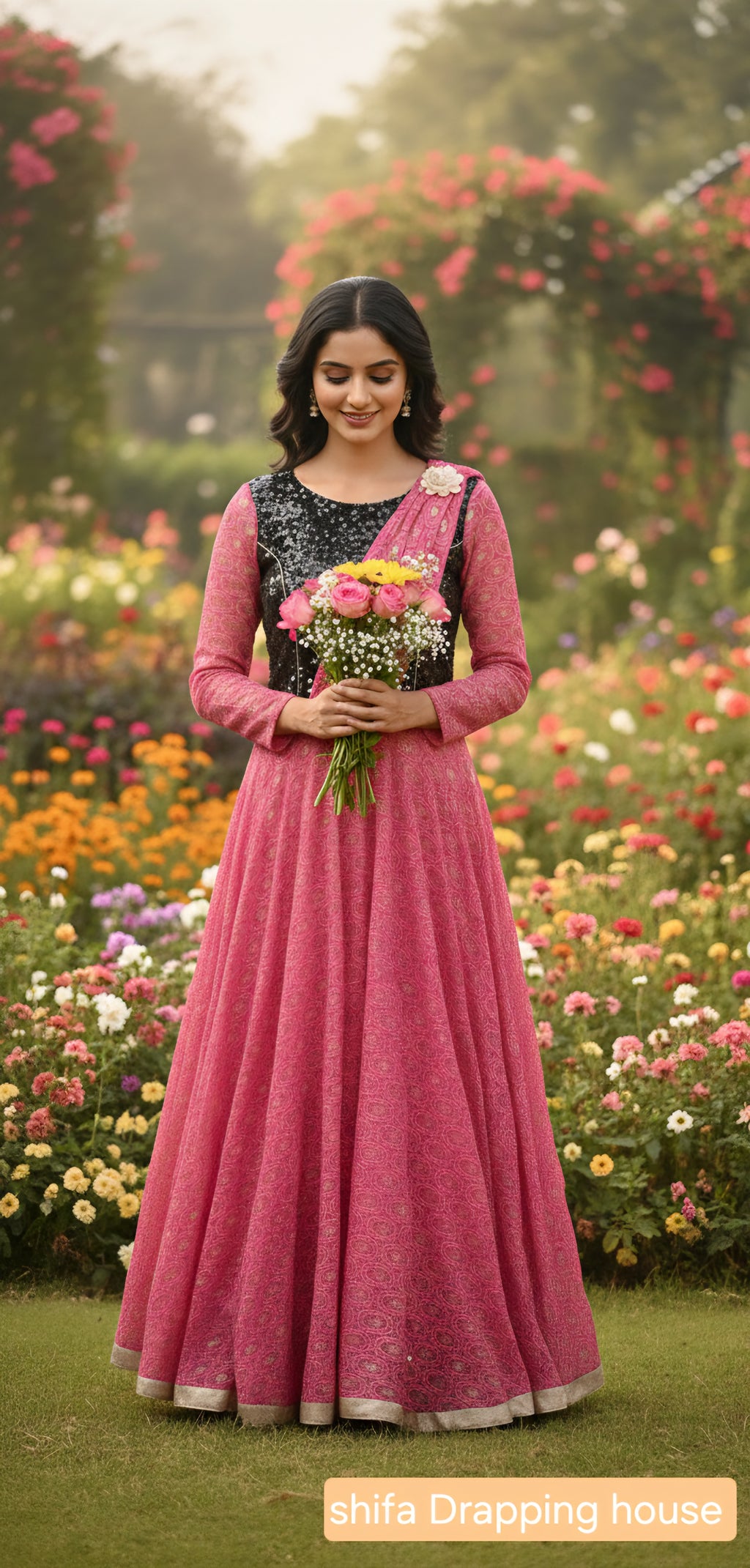 Designer Party Wear Gown - Pink & Black Sequin Hosiery Anarkali with Drape