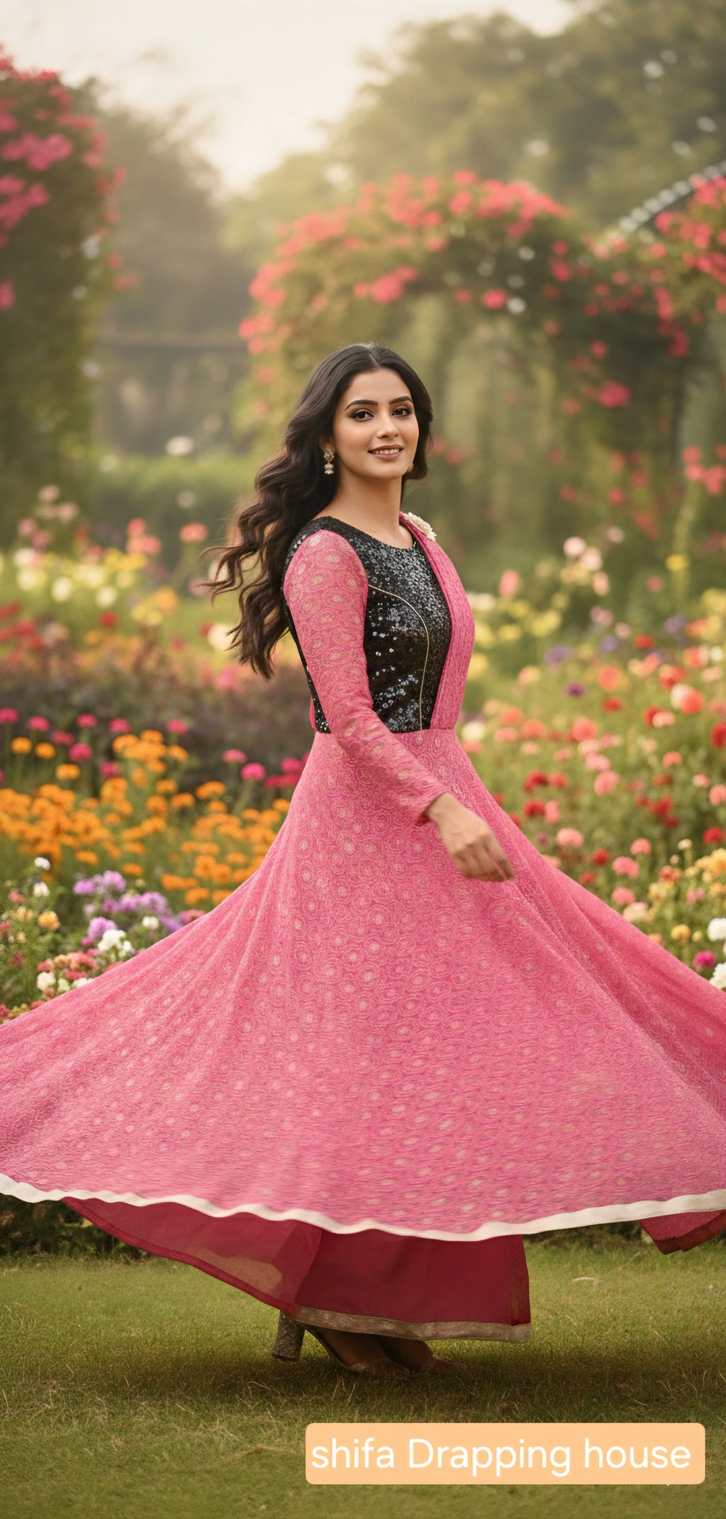 Designer Party Wear Gown - Pink & Black Sequin Hosiery Anarkali with Drape