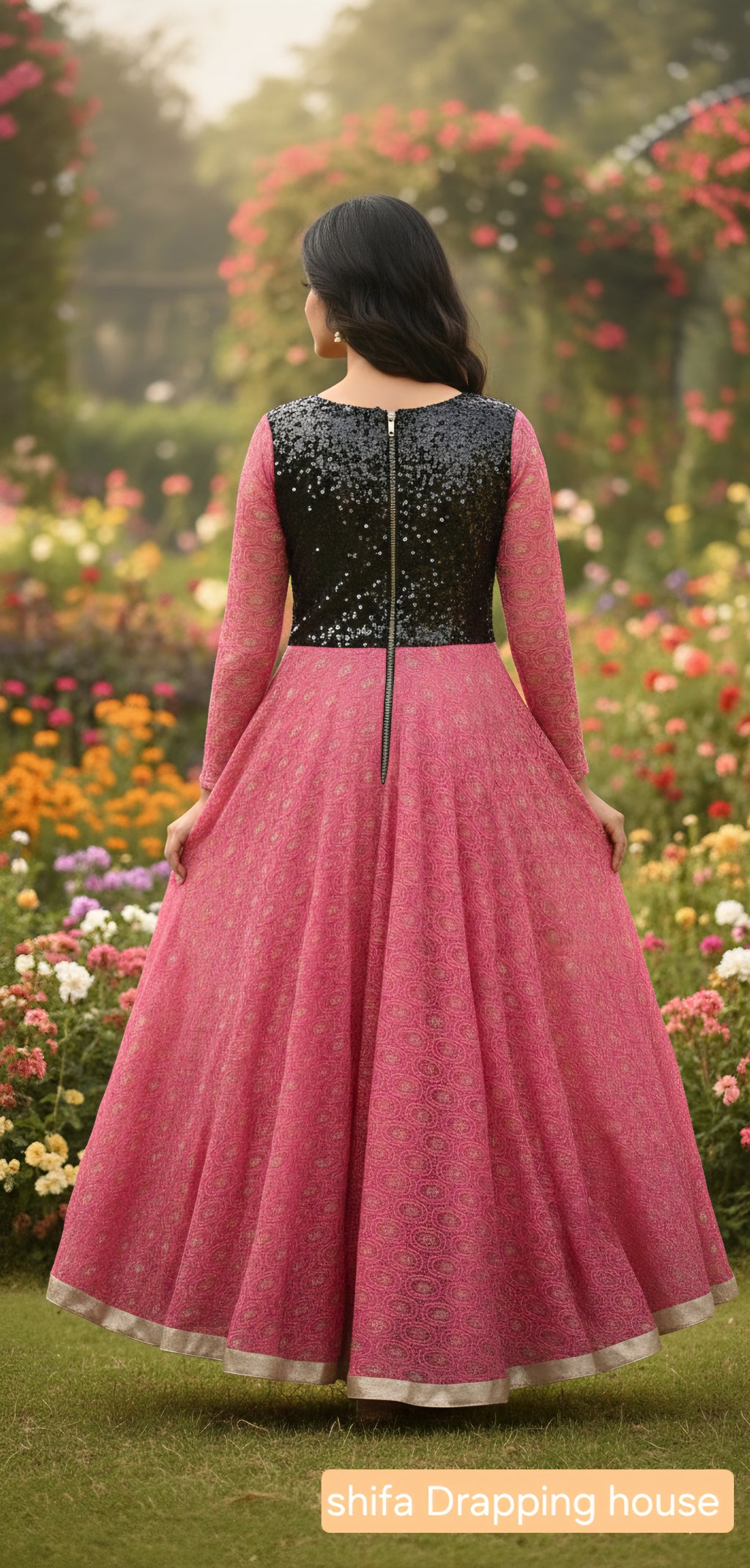 Designer Party Wear Gown - Pink & Black Sequin Hosiery Anarkali with Drape