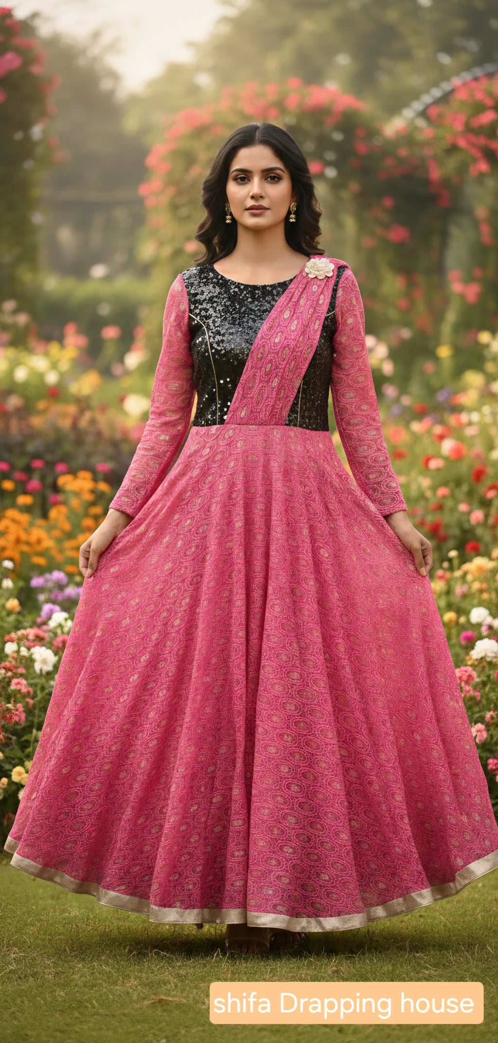 Designer Party Wear Gown - Pink & Black Sequin Hosiery Anarkali with Drape