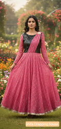 Designer Party Wear Gown - Pink & Black Sequin Hosiery Anarkali with Drape