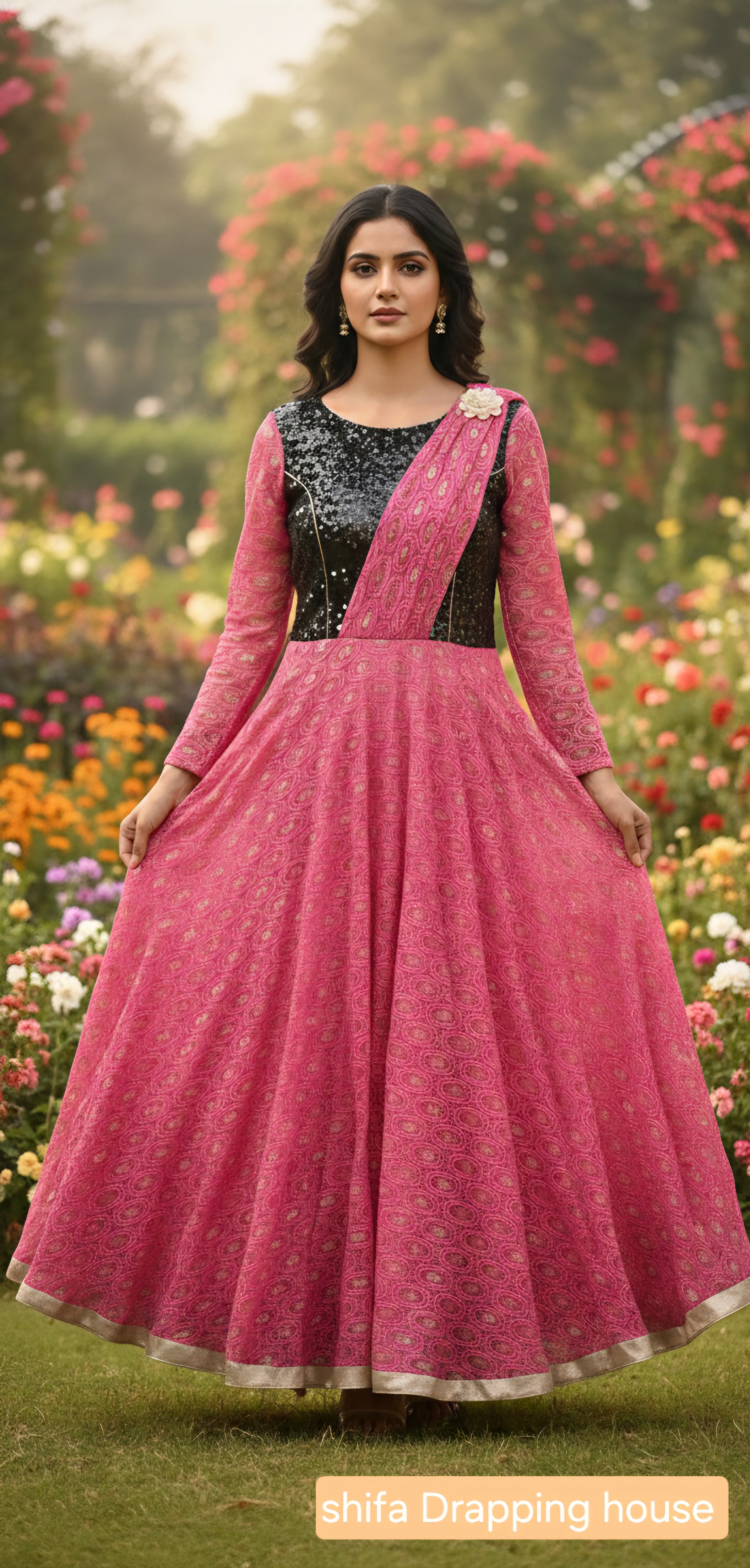 Designer Party Wear Gown - Pink & Black Sequin Hosiery Anarkali with Drape