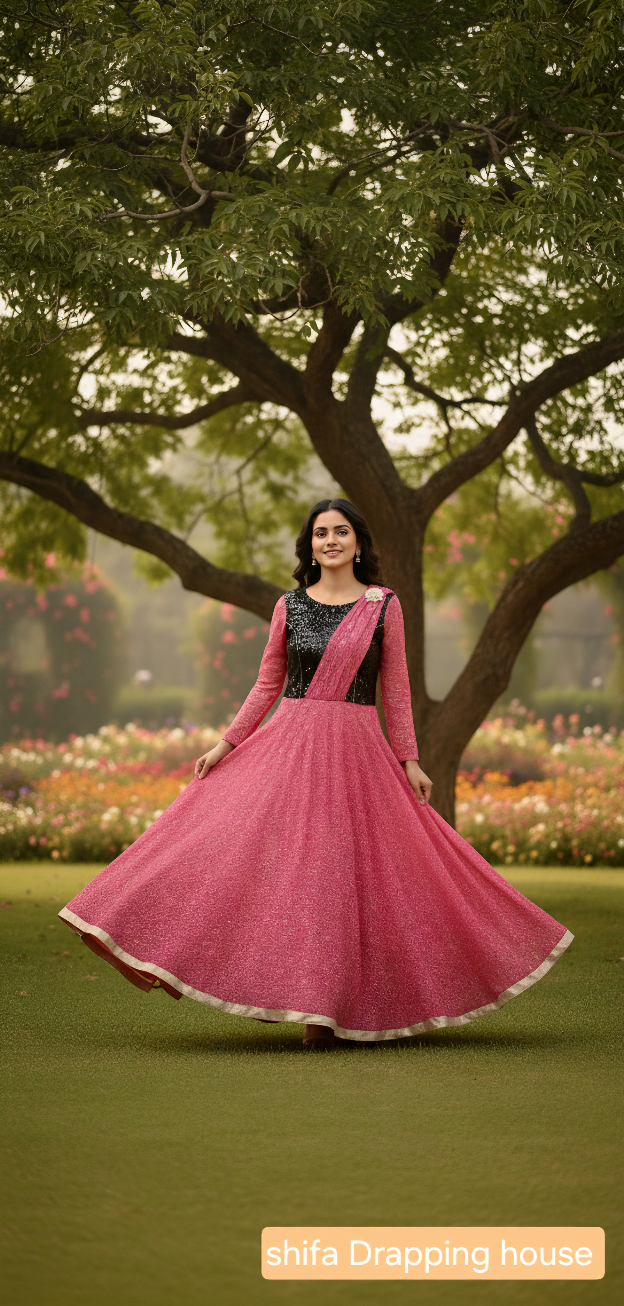Designer Party Wear Gown - Pink & Black Sequin Hosiery Anarkali with Drape