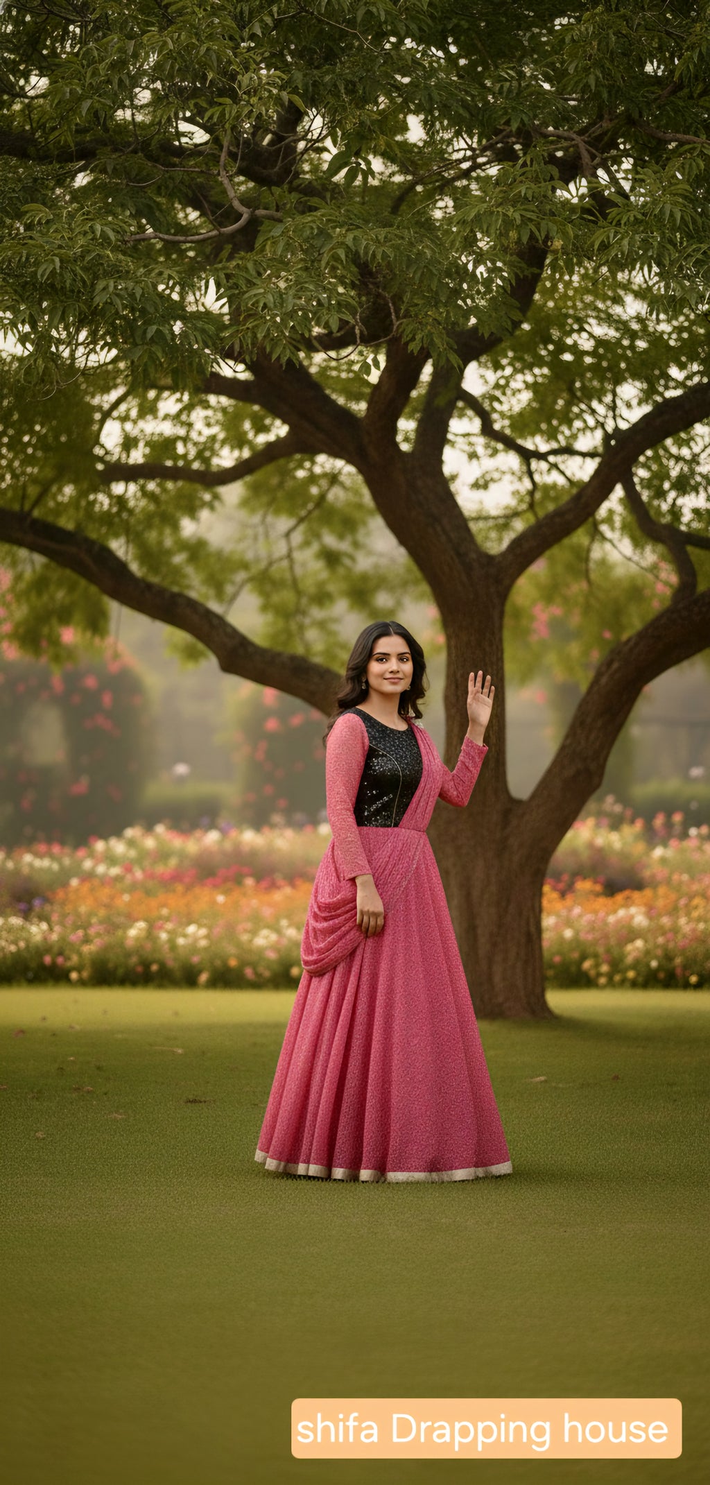 Designer Party Wear Gown - Pink & Black Sequin Hosiery Anarkali with Drape