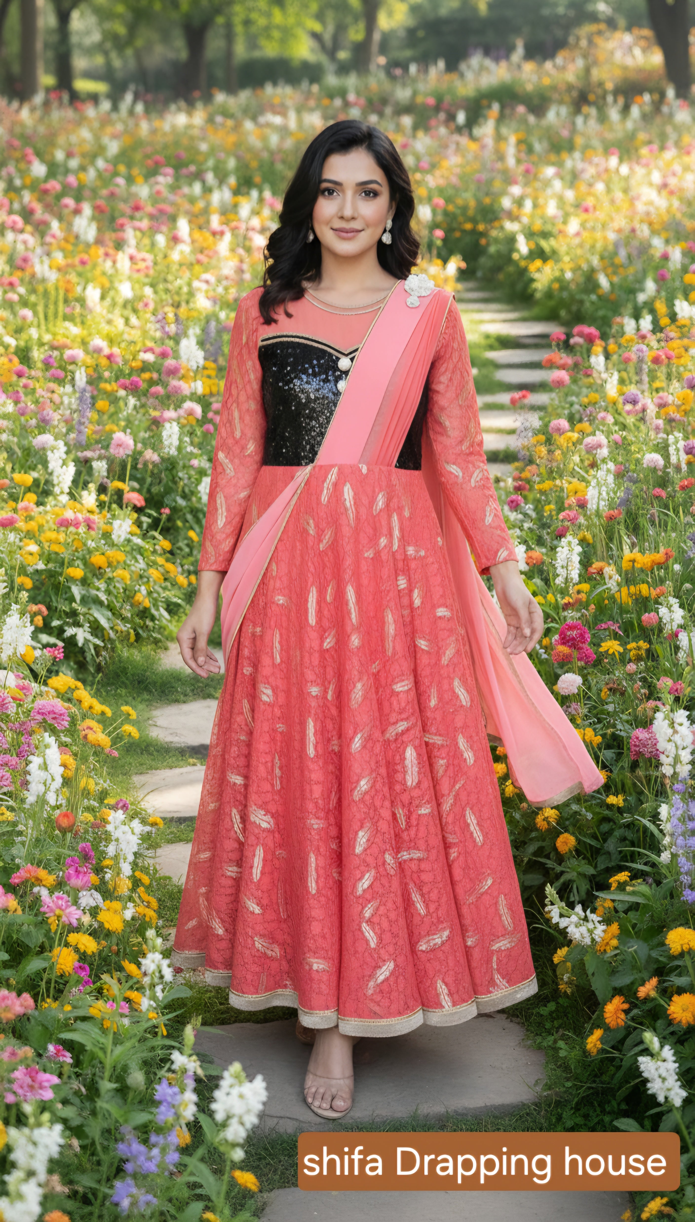 Glittering Black Sequin Bodice Gown with Hosiery Flair & Georgette Dupatta