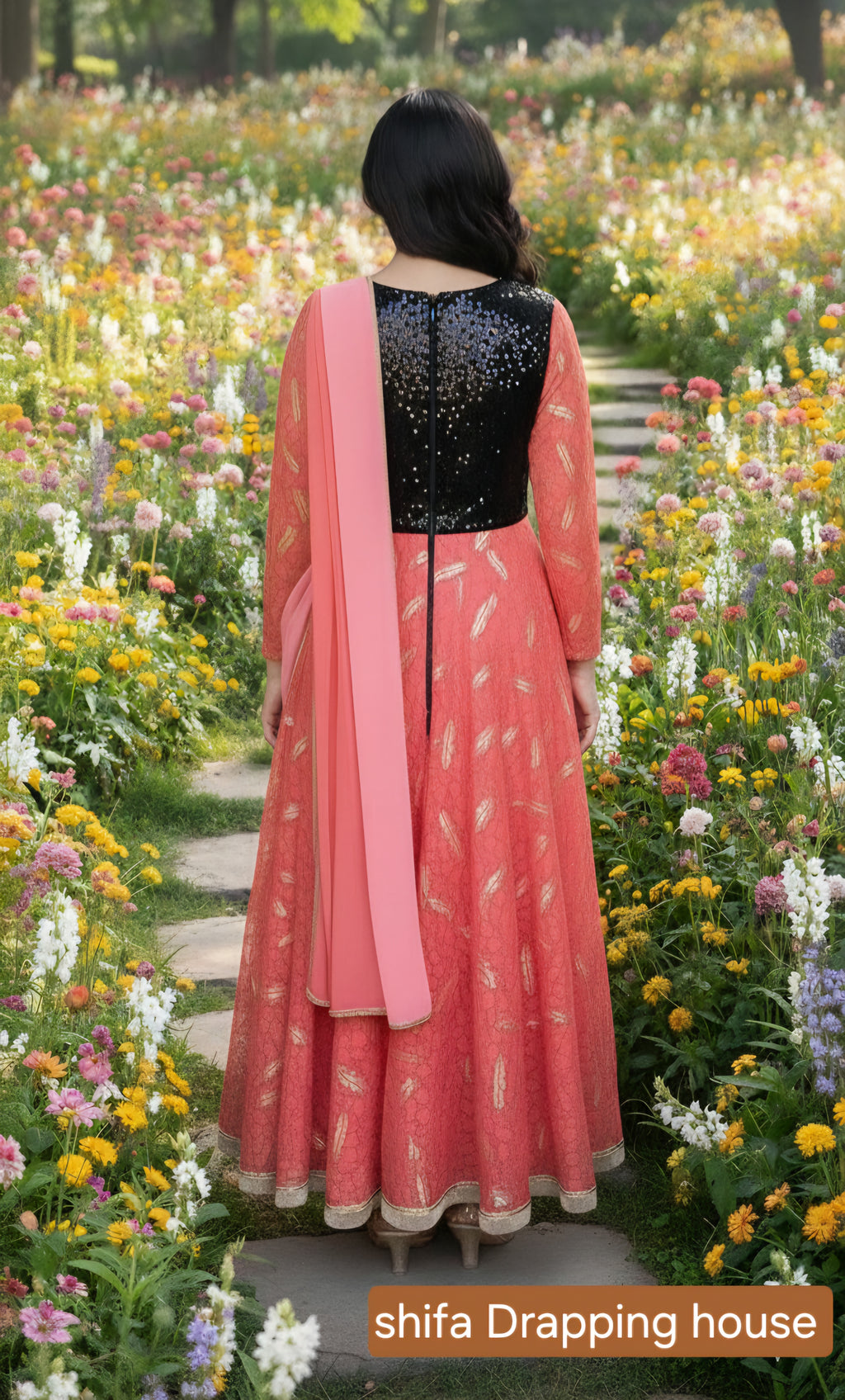 Glittering Black Sequin Bodice Gown with Hosiery Flair & Georgette Dupatta