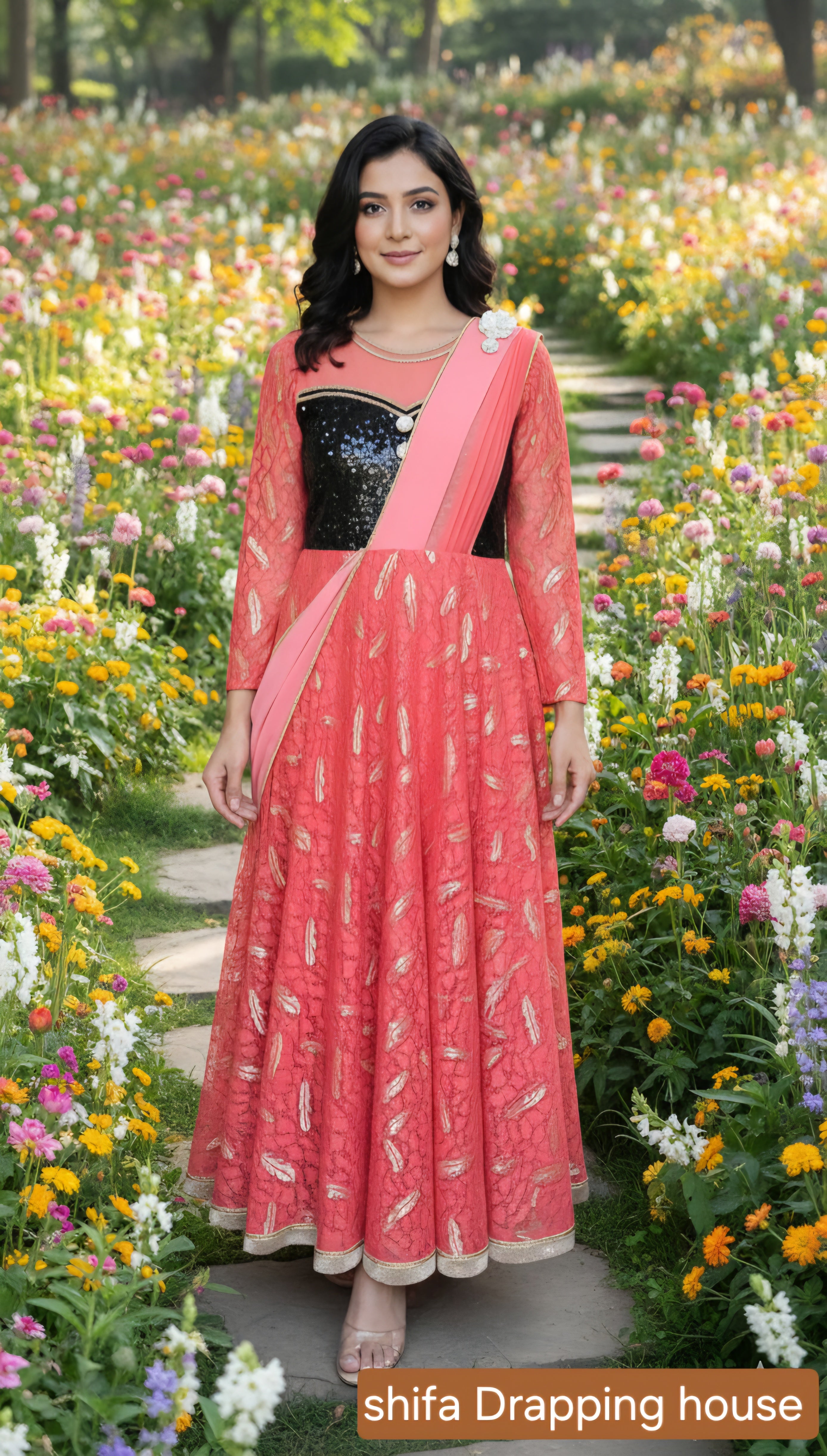 Glittering Black Sequin Bodice Gown with Hosiery Flair & Georgette Dupatta