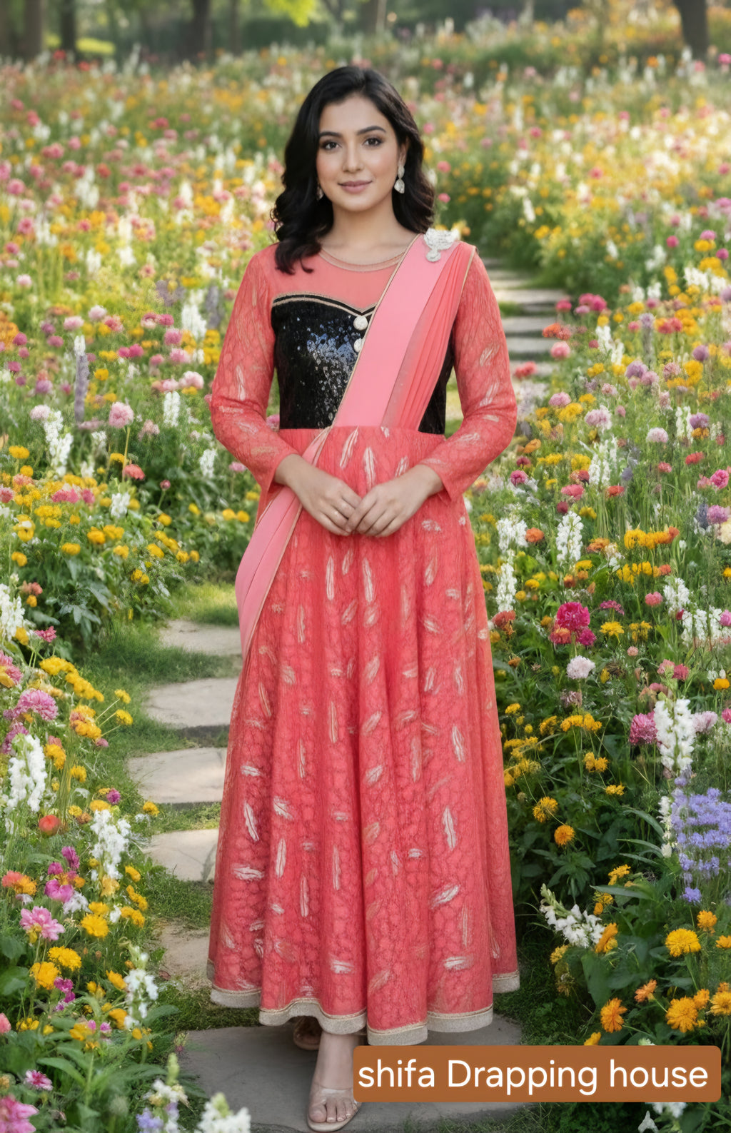 Glittering Black Sequin Bodice Gown with Hosiery Flair & Georgette Dupatta