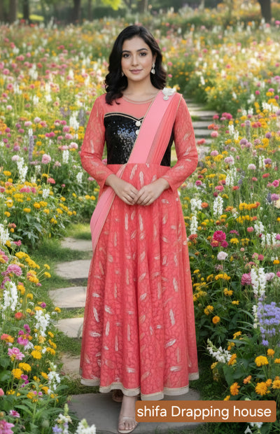 Glittering Black Sequin Bodice Gown with Hosiery Flair & Georgette Dupatta