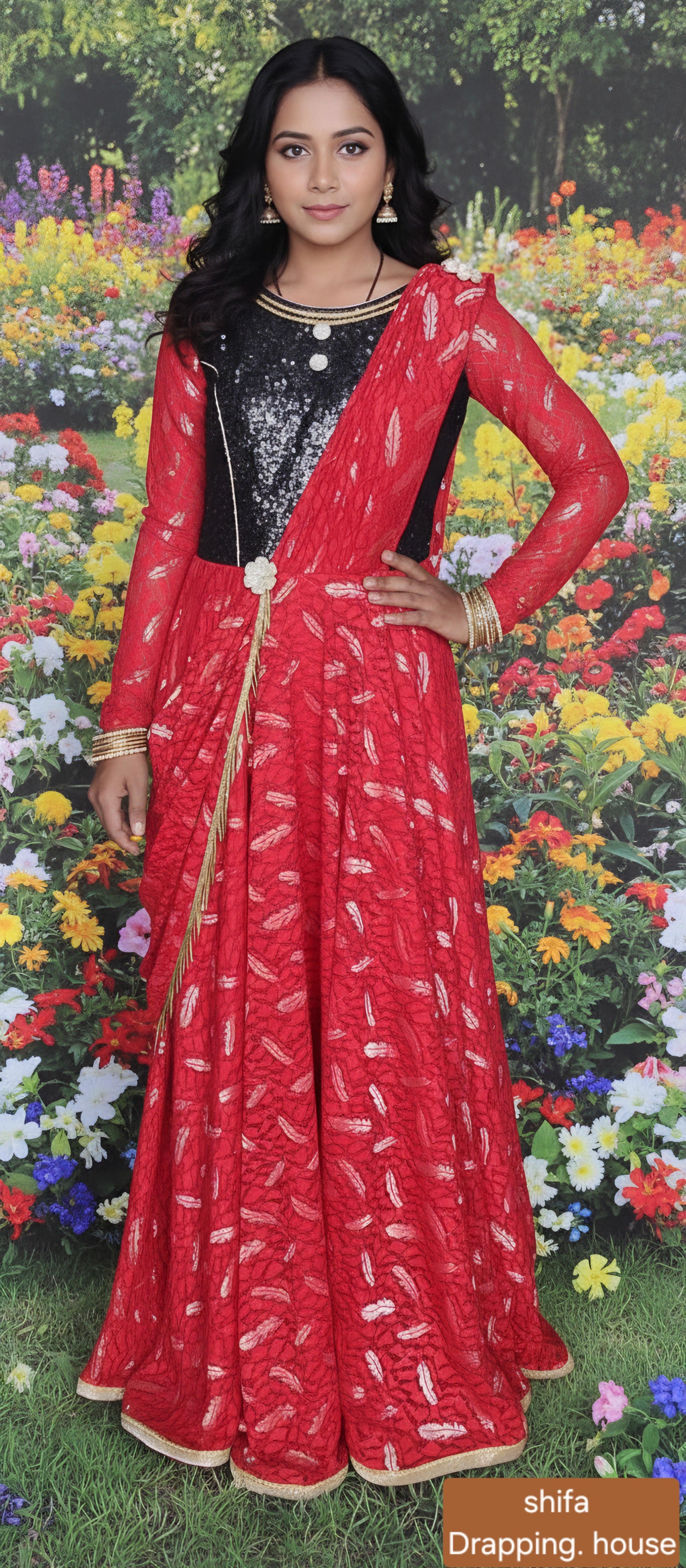 Premium Red & Black Sequin Fusion Gown with Attached Draped Dupatta