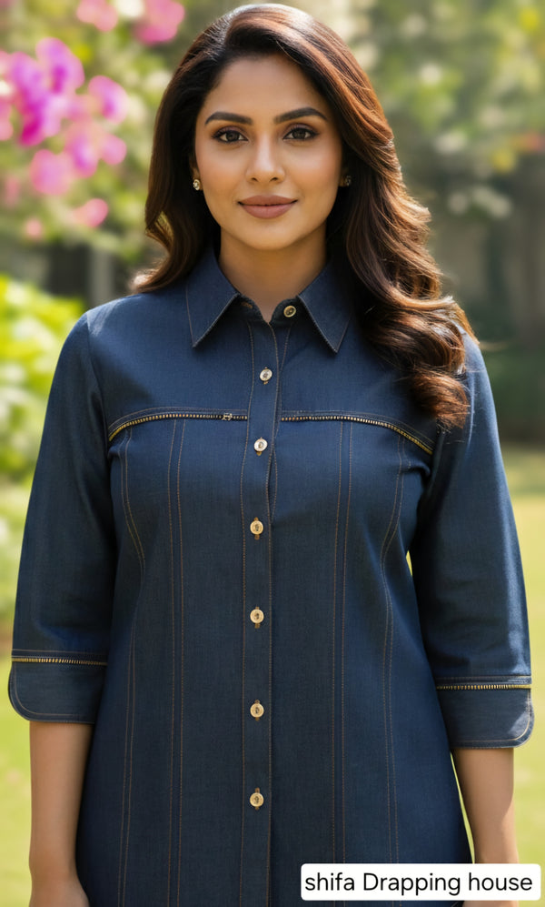 Women’s Luxury Indigo Denim Shirt with Metal Chain Detail