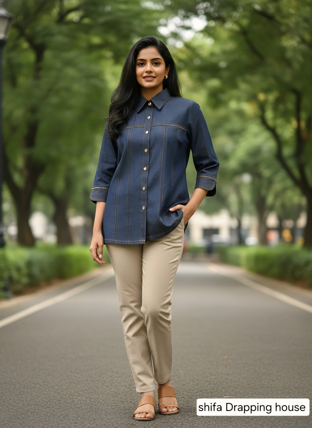 Women’s Luxury Indigo Denim Shirt with Metal Chain Detail