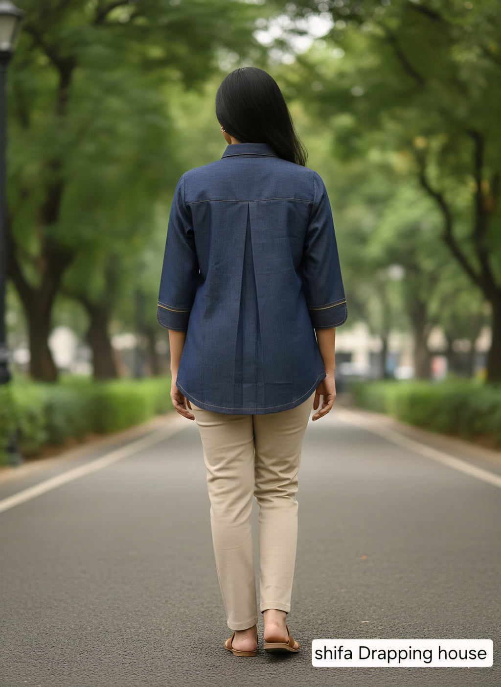 Women’s Luxury Indigo Denim Shirt with Metal Chain Detail