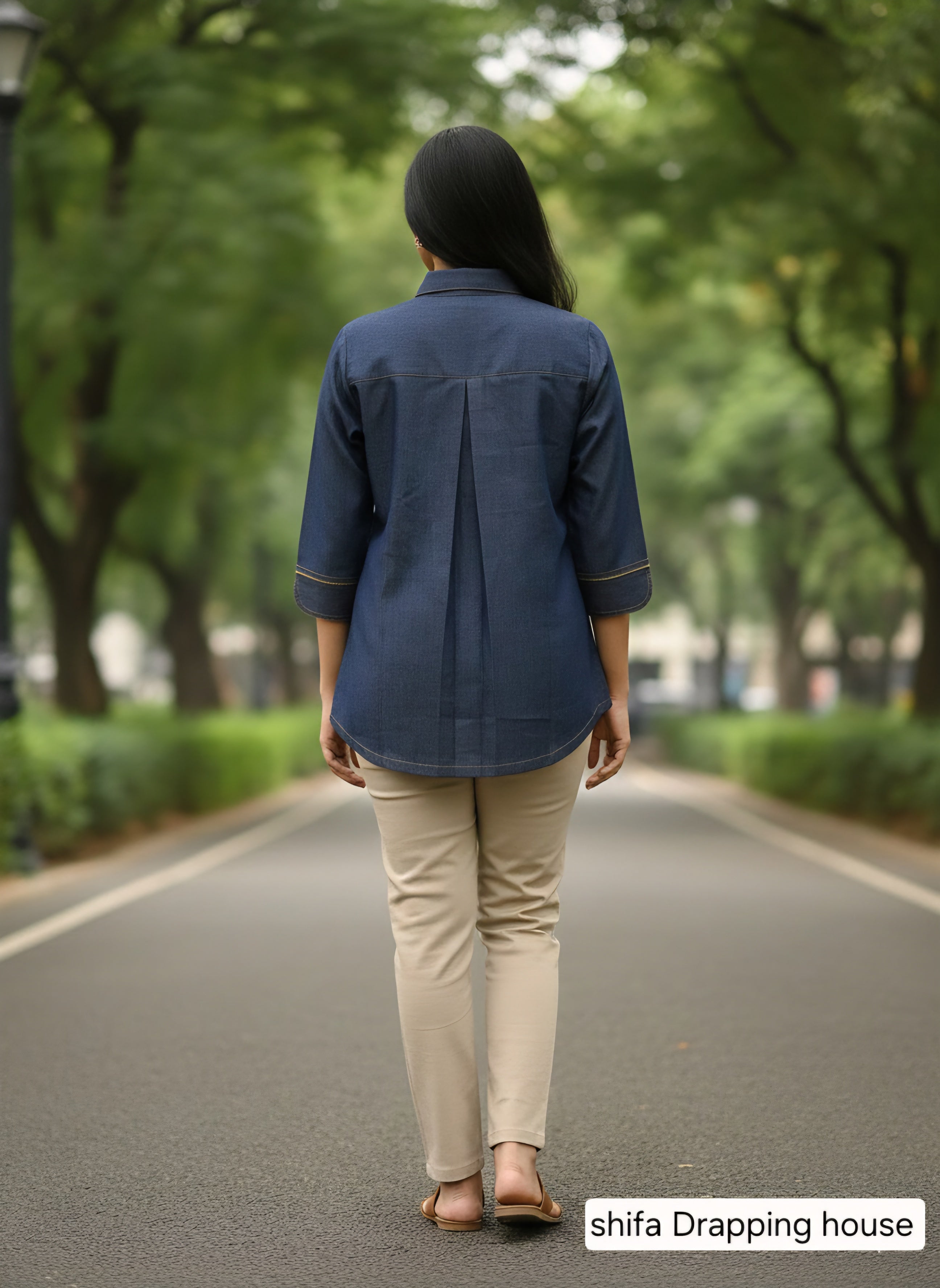 Women’s Luxury Indigo Denim Shirt with Metal Chain Detail