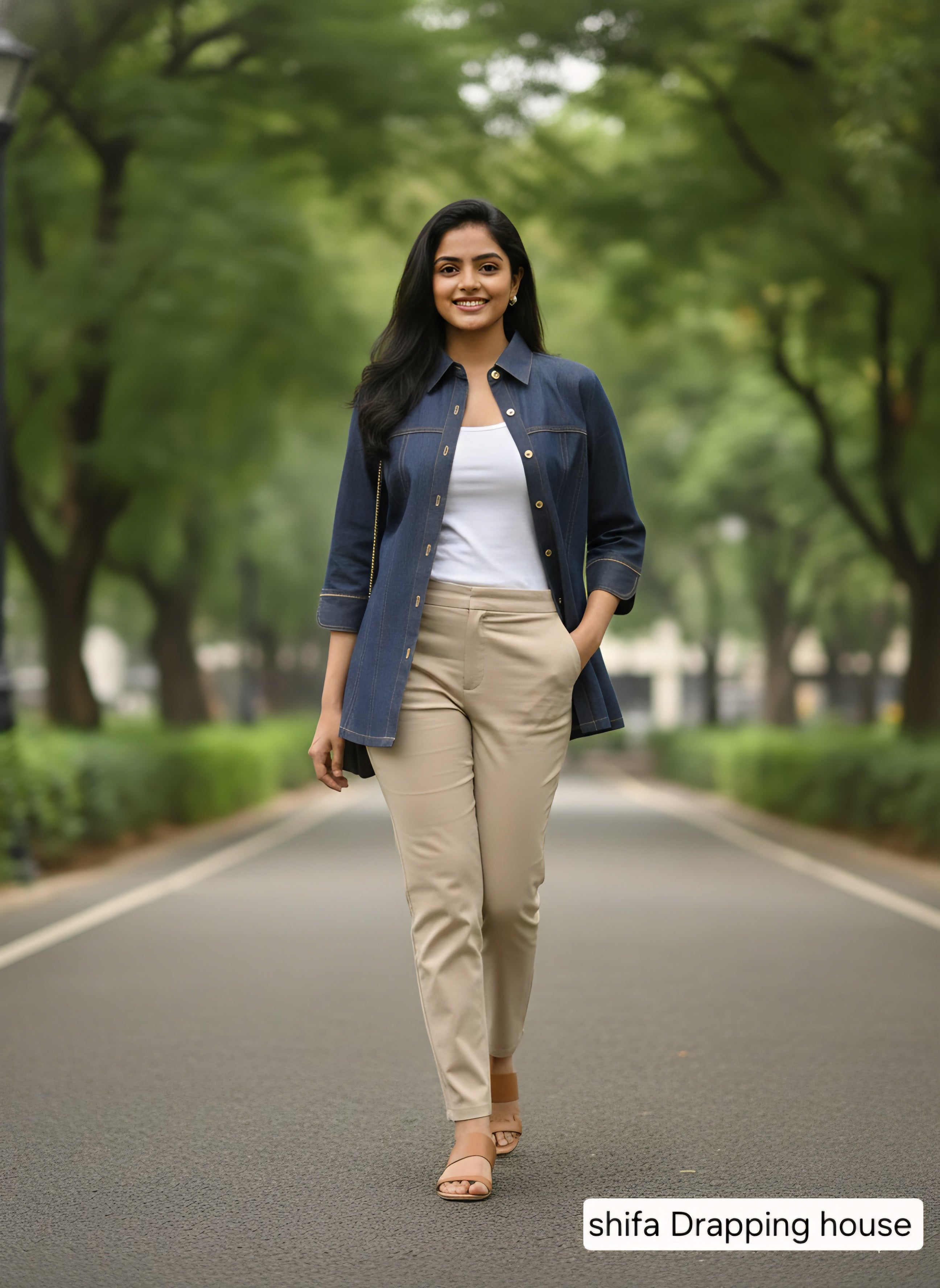 Women’s Luxury Indigo Denim Shirt with Metal Chain Detail