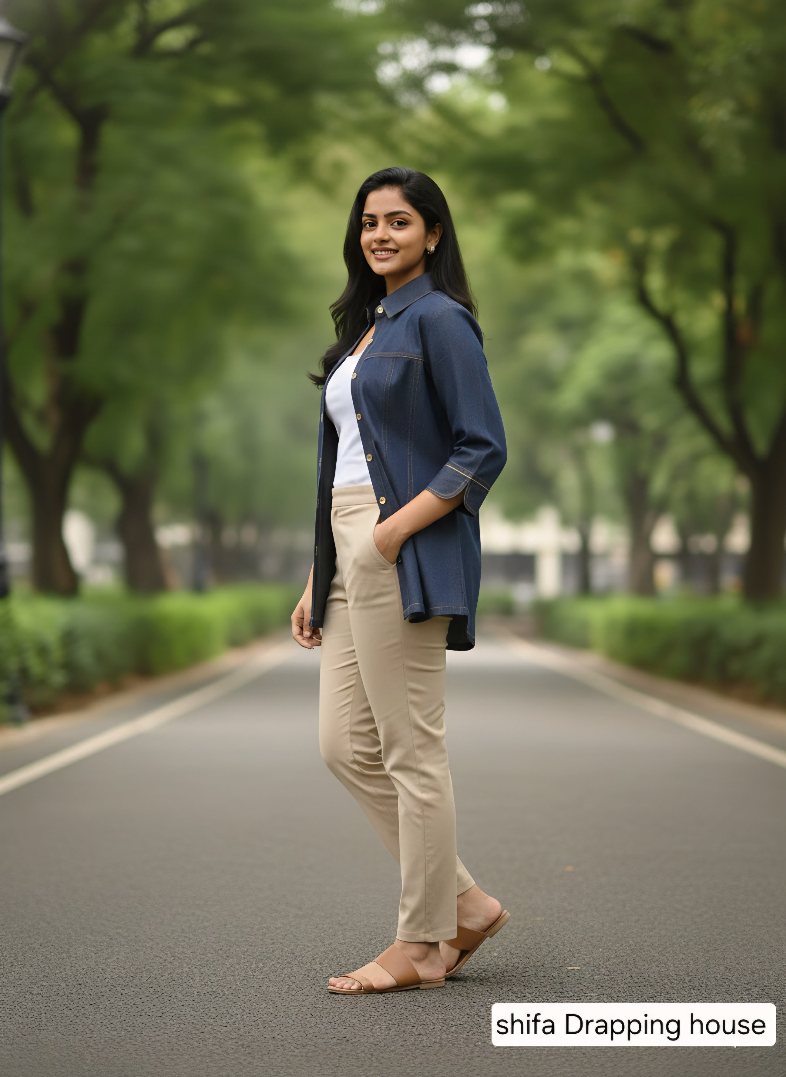 Women’s Luxury Indigo Denim Shirt with Metal Chain Detail