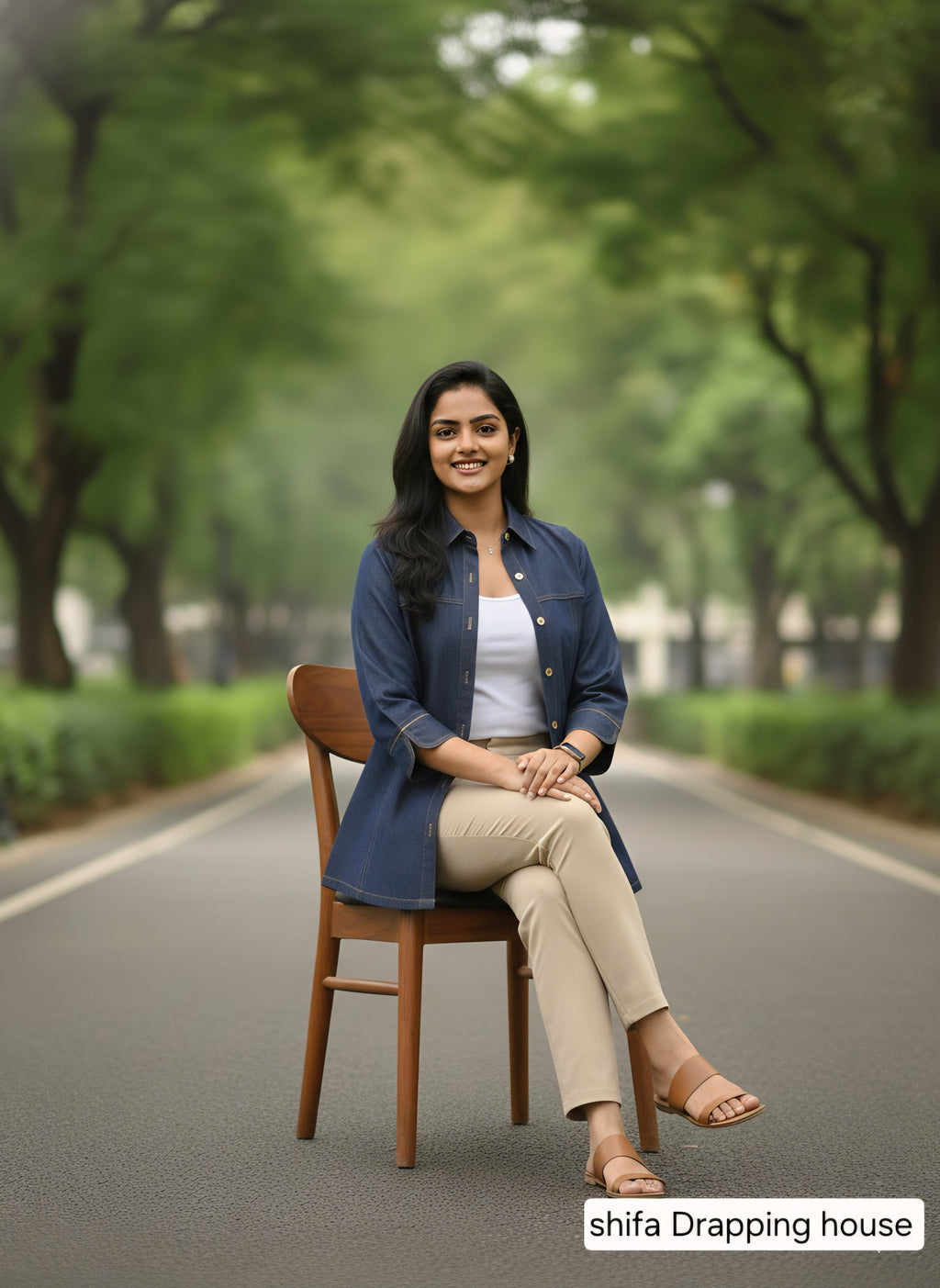 Women’s Luxury Indigo Denim Shirt with Metal Chain Detail