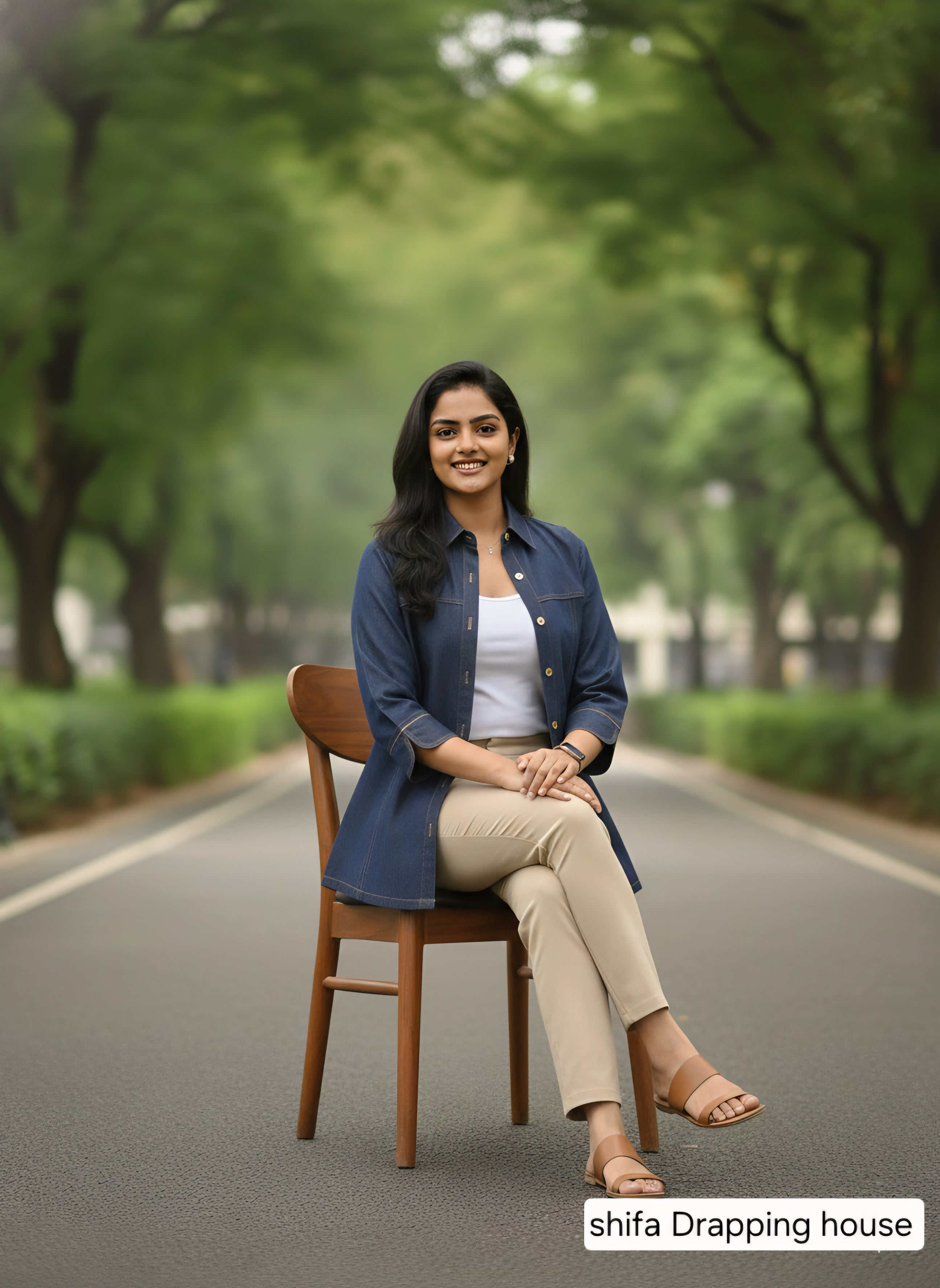 Women’s Luxury Indigo Denim Shirt with Metal Chain Detail