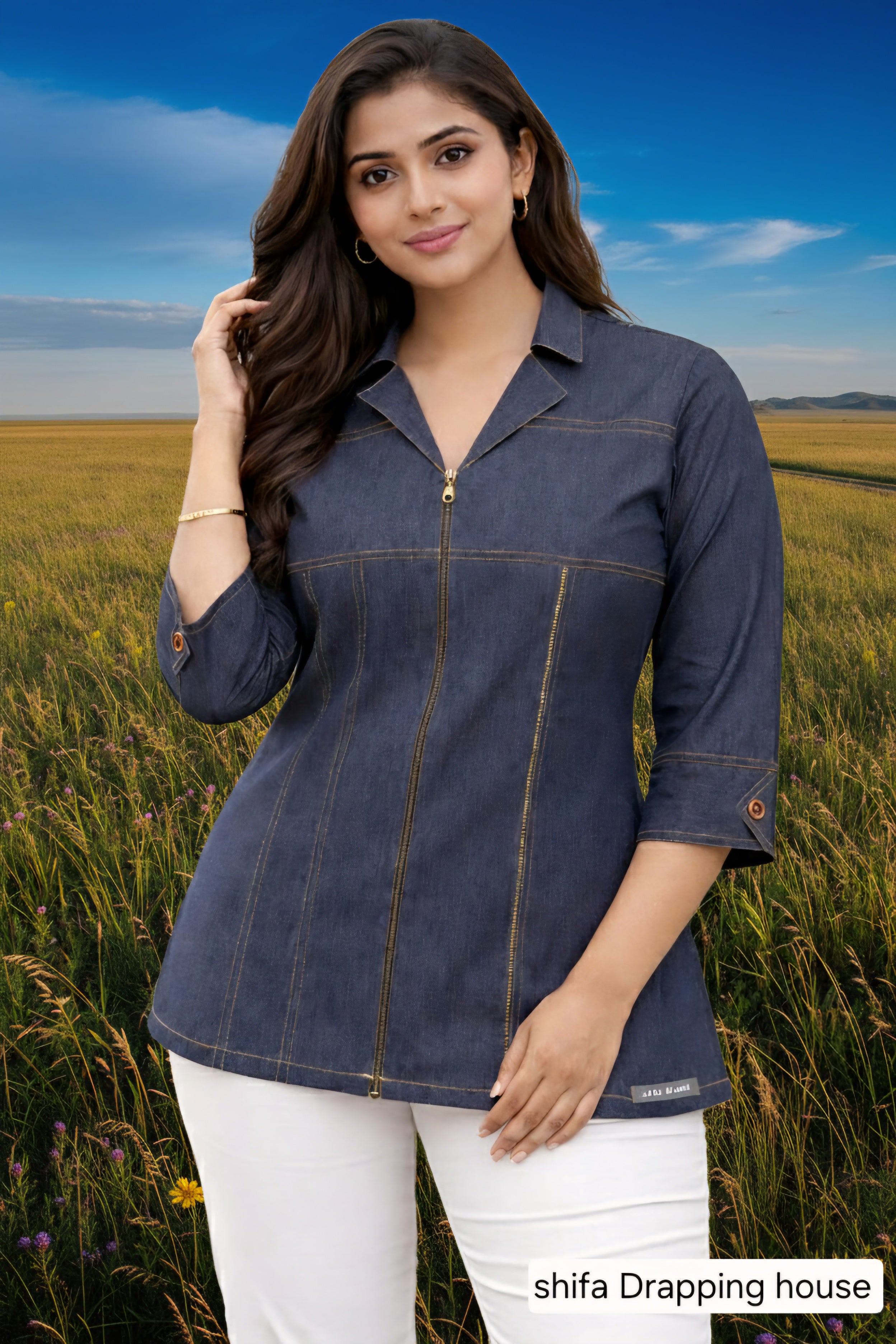 Shifa Drapping House | Premium Metal Zip Denim tank top jacket style shirt  with Cuff Buttons