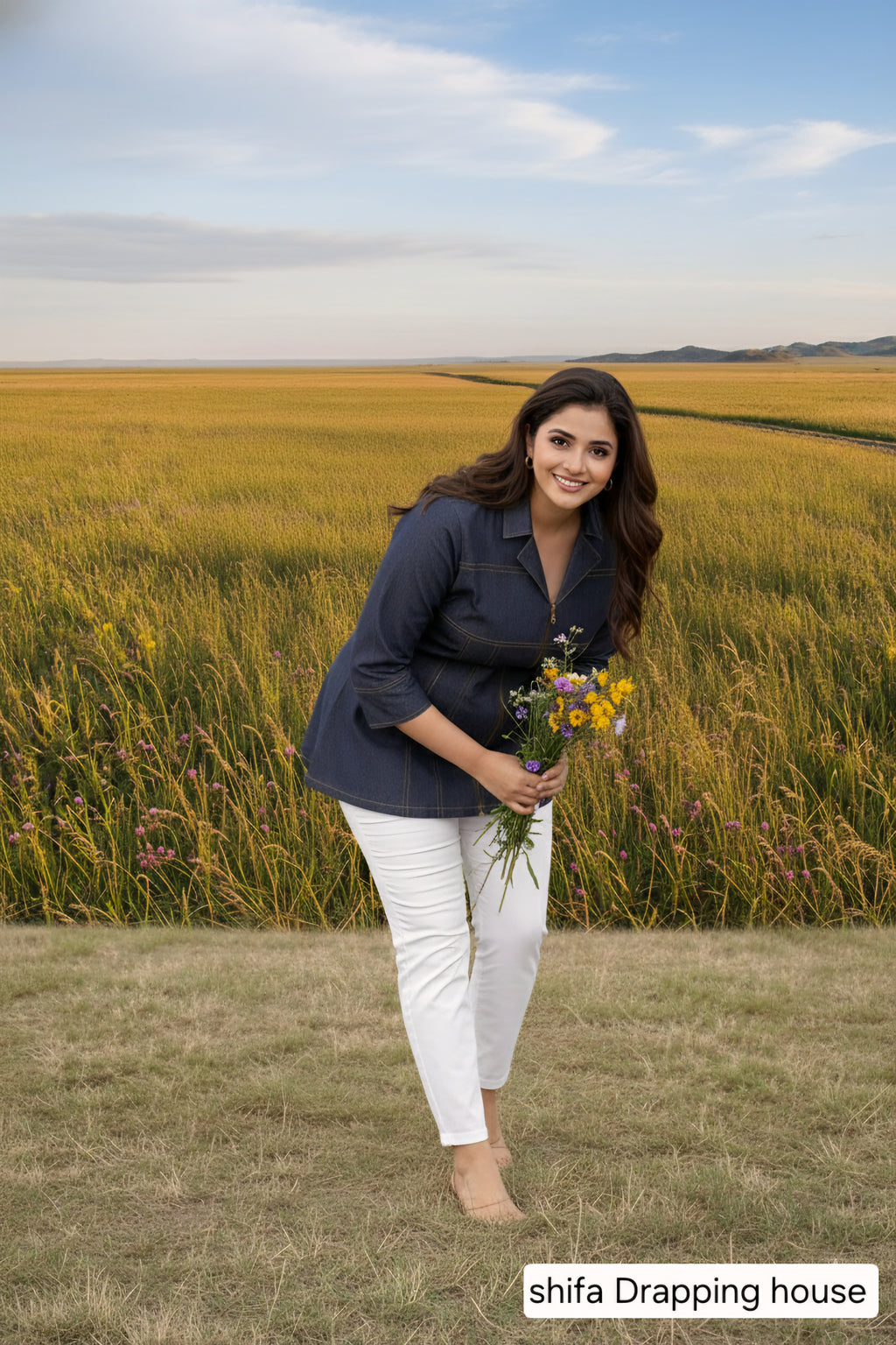 Shifa Drapping House | Premium Metal Zip Denim tank top jacket style shirt  with Cuff Buttons