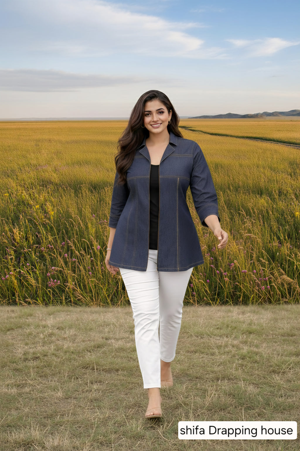 Shifa Drapping House | Premium Metal Zip Denim tank top jacket style shirt  with Cuff Buttons