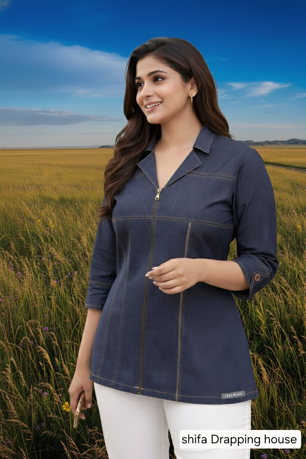 Shifa Drapping House | Premium Metal Zip Denim tank top jacket style shirt  with Cuff Buttons