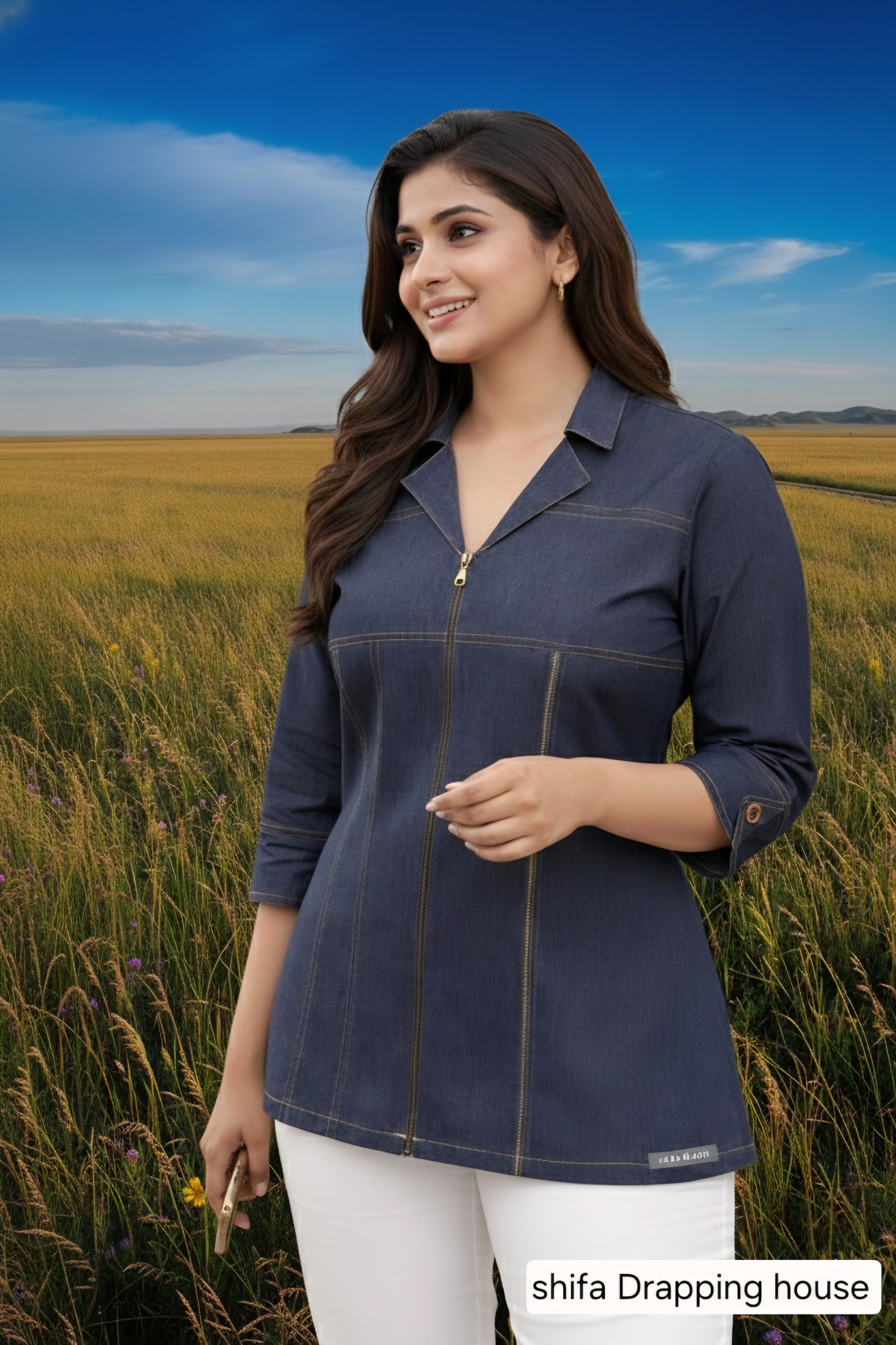 Shifa Drapping House | Premium Metal Zip Denim tank top jacket style shirt  with Cuff Buttons