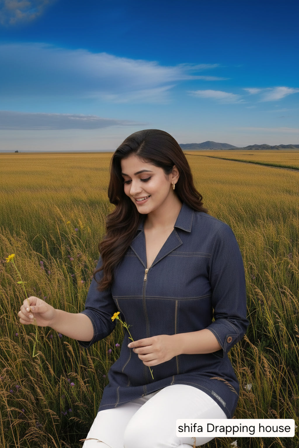 Shifa Drapping House | Premium Metal Zip Denim tank top jacket style shirt  with Cuff Buttons