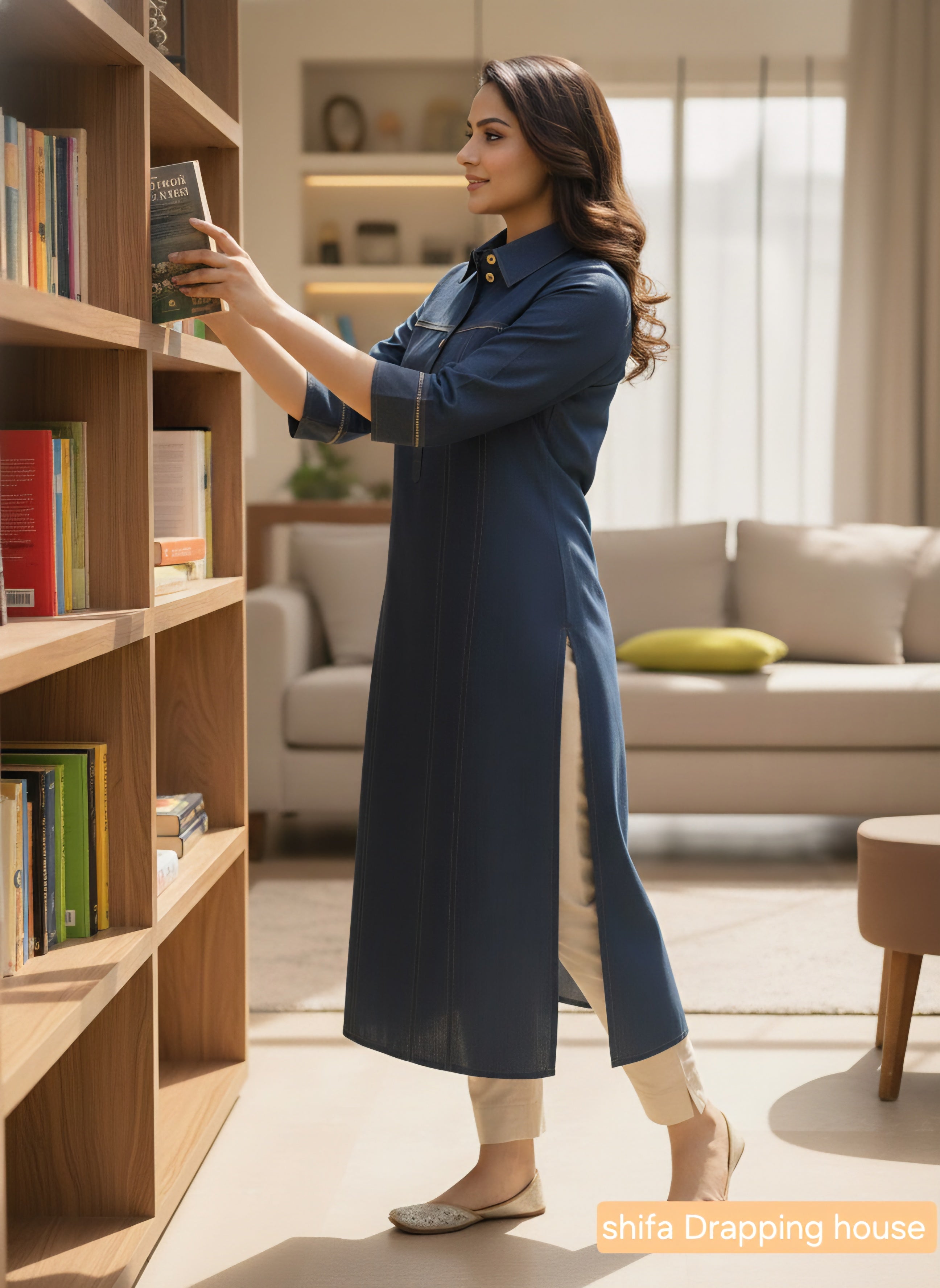 Women's Indigo Blue Denim Kurti with Pintucks, Metal Chain Detail & Pleated Back