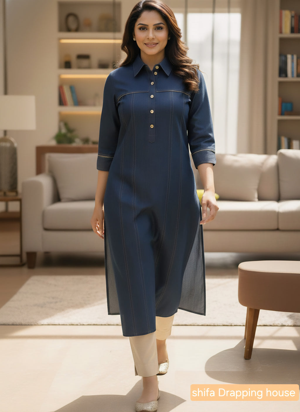 Women's Indigo Blue Denim Kurti with Pintucks, Metal Chain Detail & Pleated Back