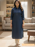 Women's Indigo Blue Denim Kurti with Pintucks, Metal Chain Detail & Pleated Back