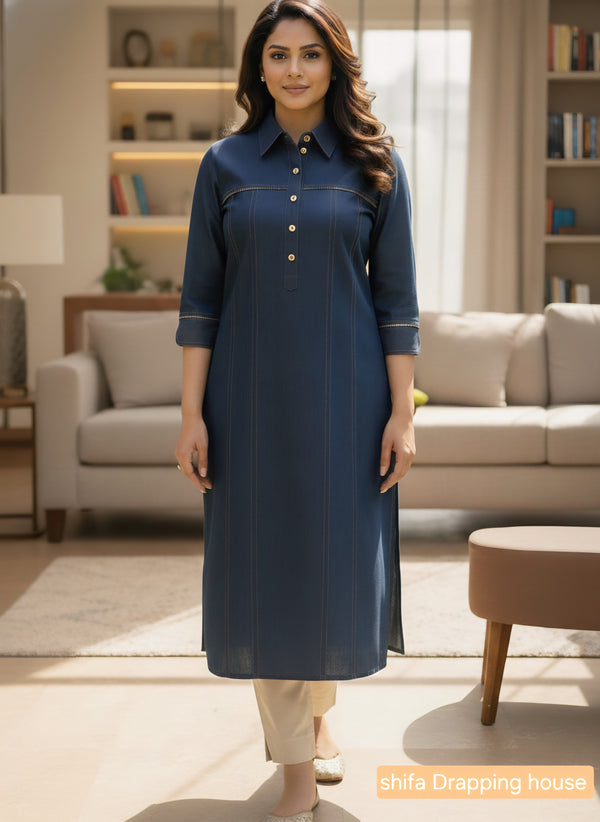 Women's Indigo Blue Denim Kurti with Pintucks, Metal Chain Detail & Pleated Back