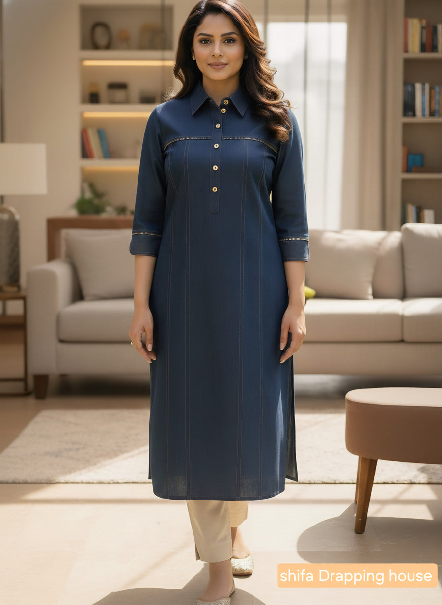 Women's Indigo Blue Denim Kurti with Pintucks, Metal Chain Detail & Pleated Back