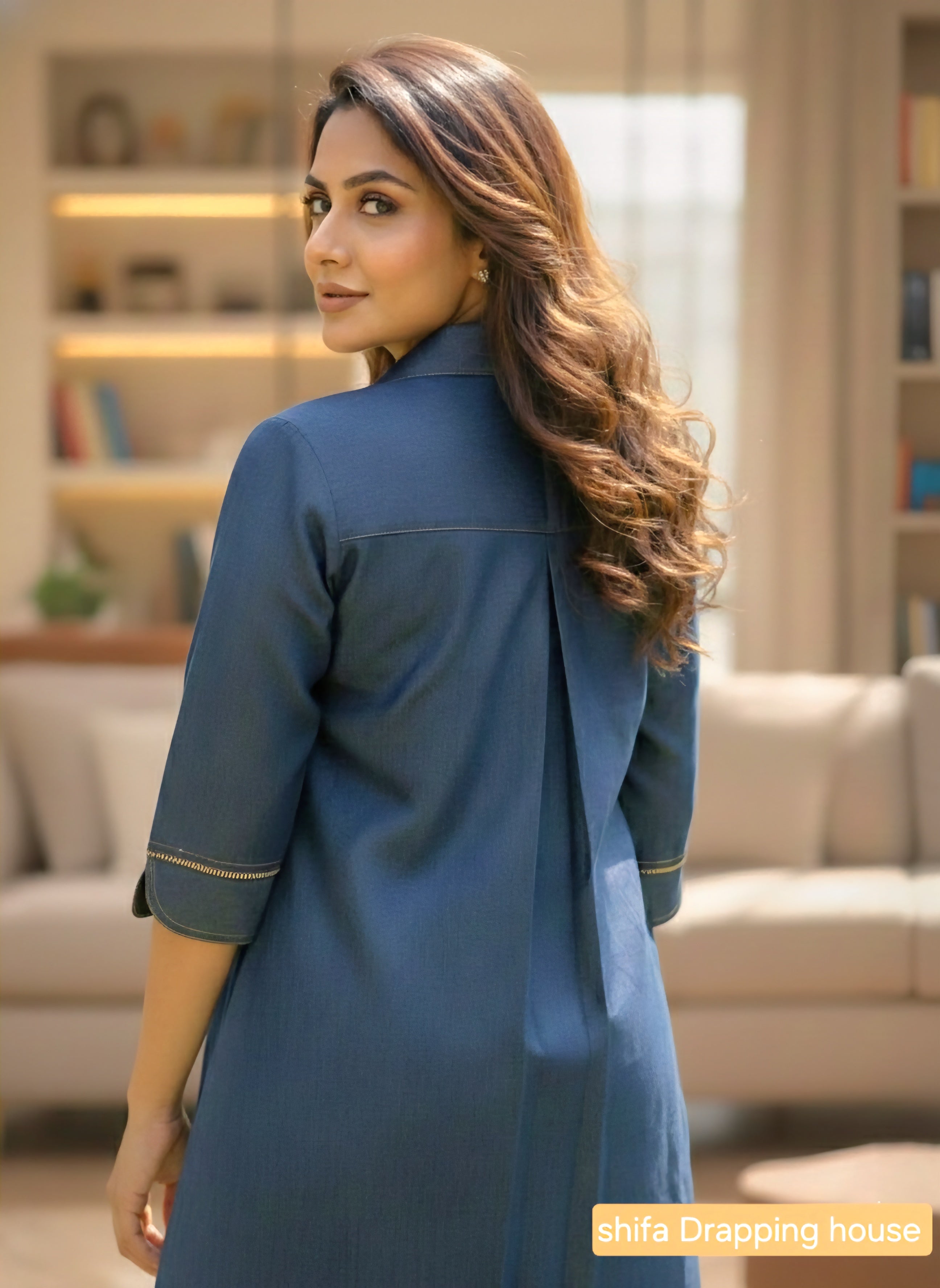 Women's Indigo Blue Denim Kurti with Pintucks, Metal Chain Detail & Pleated Back